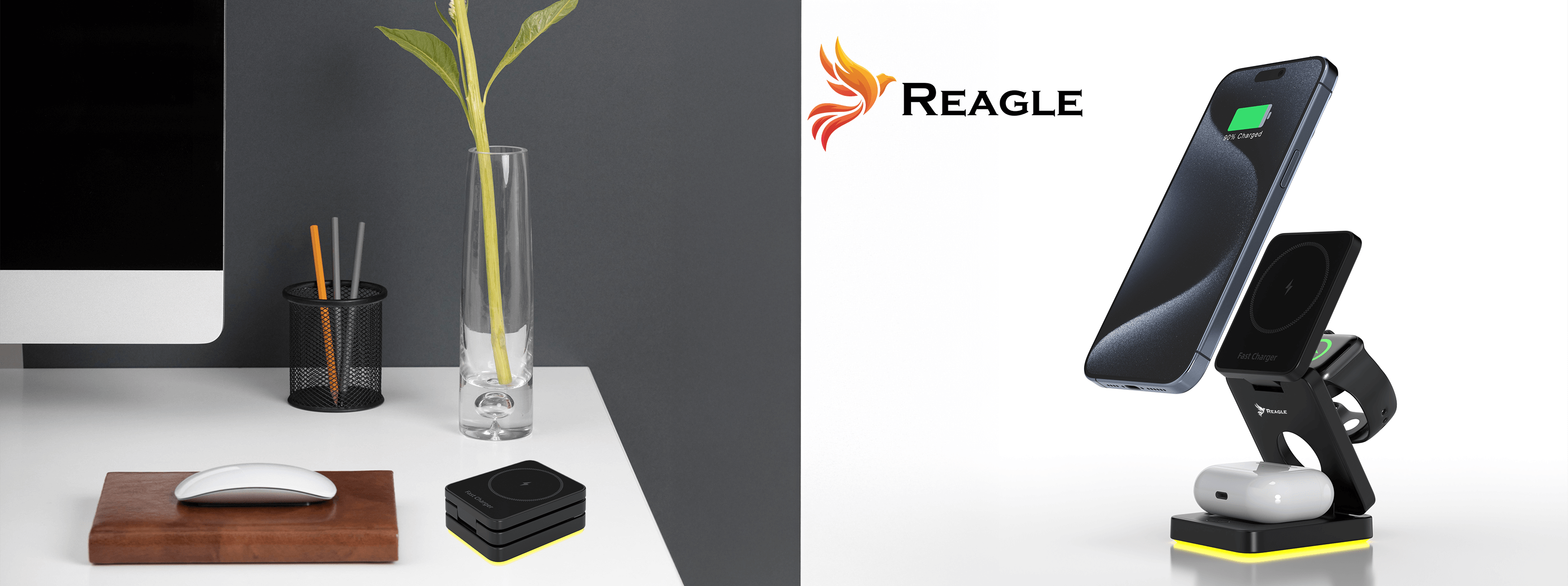 Biurko z komputerem, stacją ładującą telefon, pojemnikiem na długopisy i myszą na drewnianej desce.