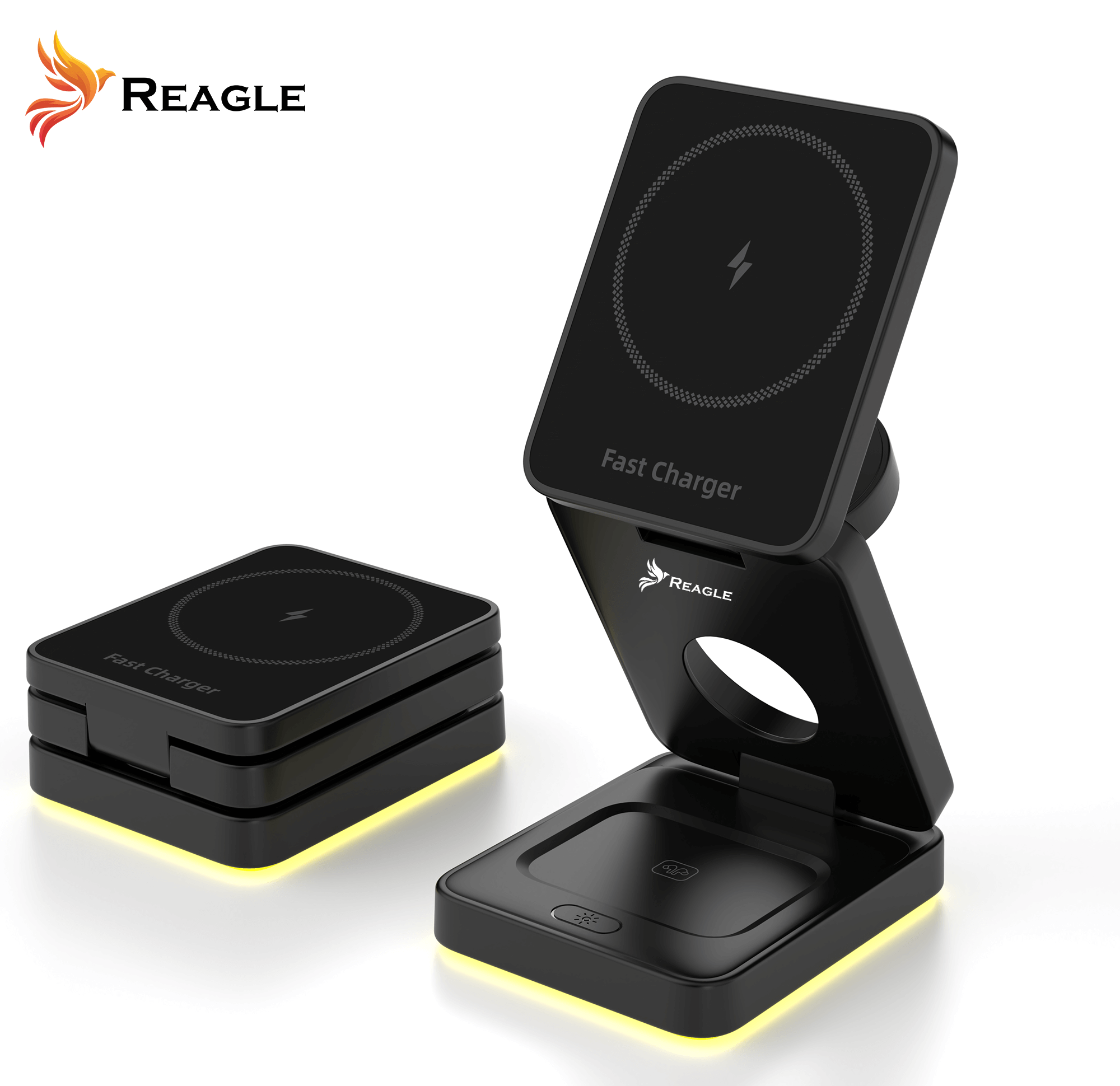 Czarna bezprzewodowa ładowarka Reagle w dwóch pozycjach: złożona i otwarta. Ma konstrukcję szybkiego ładowania.