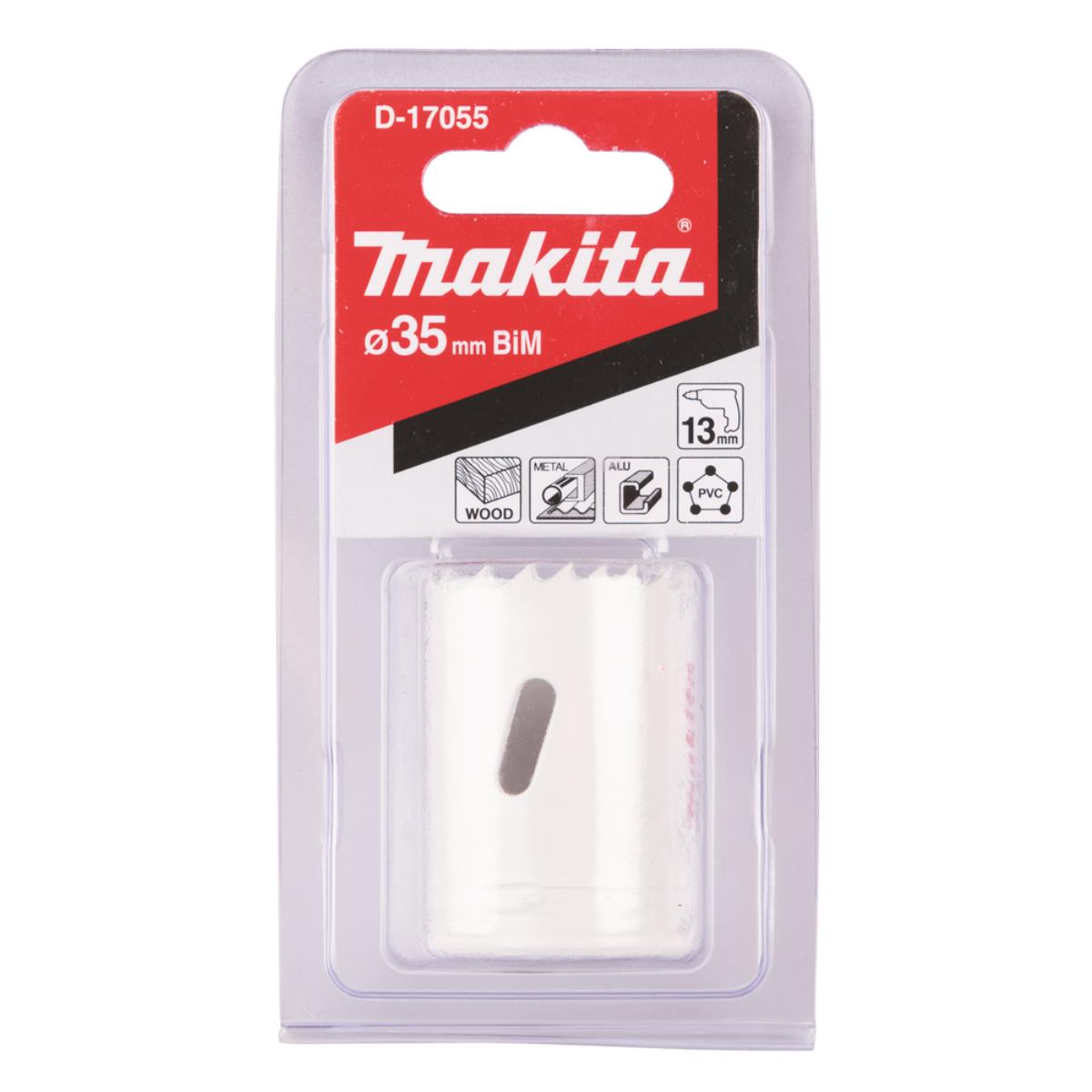 Ein Makita Lochsägen-Set in seiner Verpackung mit Details zur Säge und ihren Anwendungen.