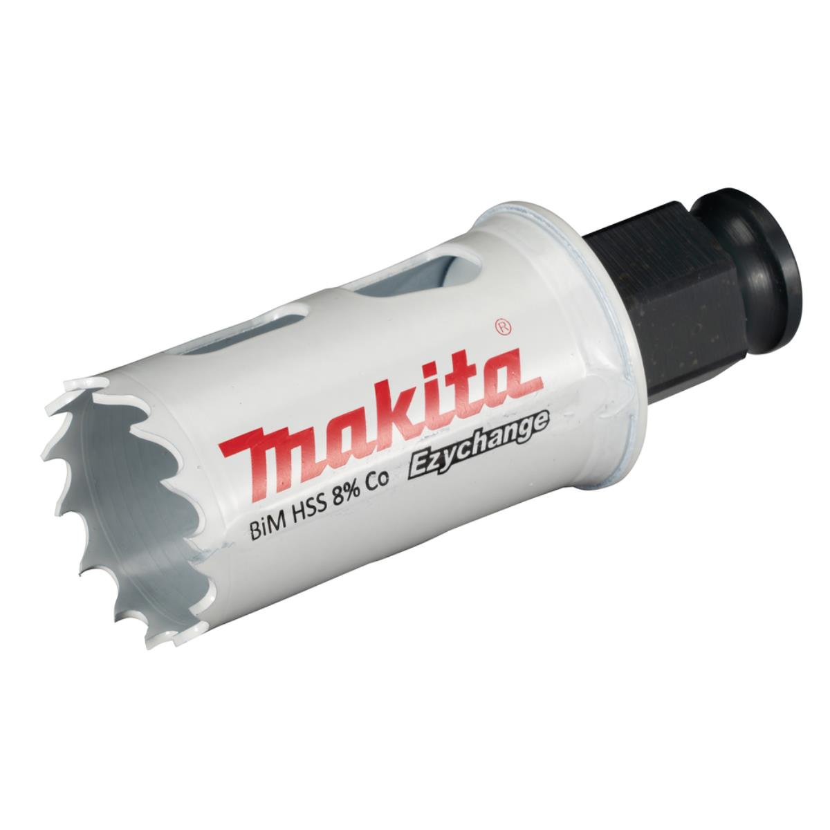Eine weiße und silberne Makita Lochsäge mit dem Markennamen in roten Buchstaben.