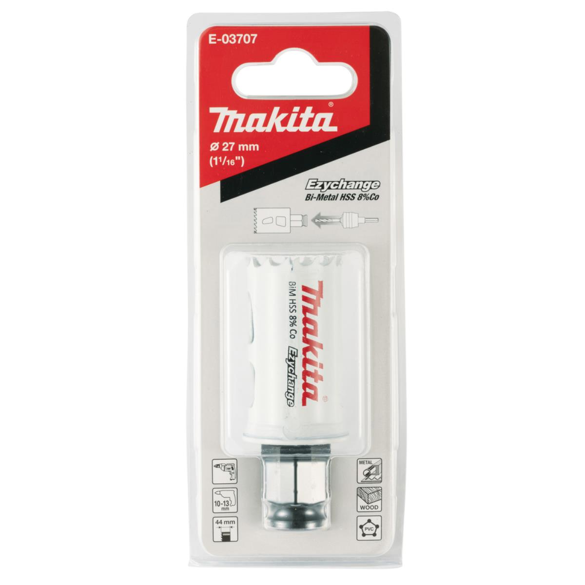 Eine Makita Bohrerverpackung, mit einem Bohrer in einer transparenten Kunststoffhülle, mit Makita Logo.