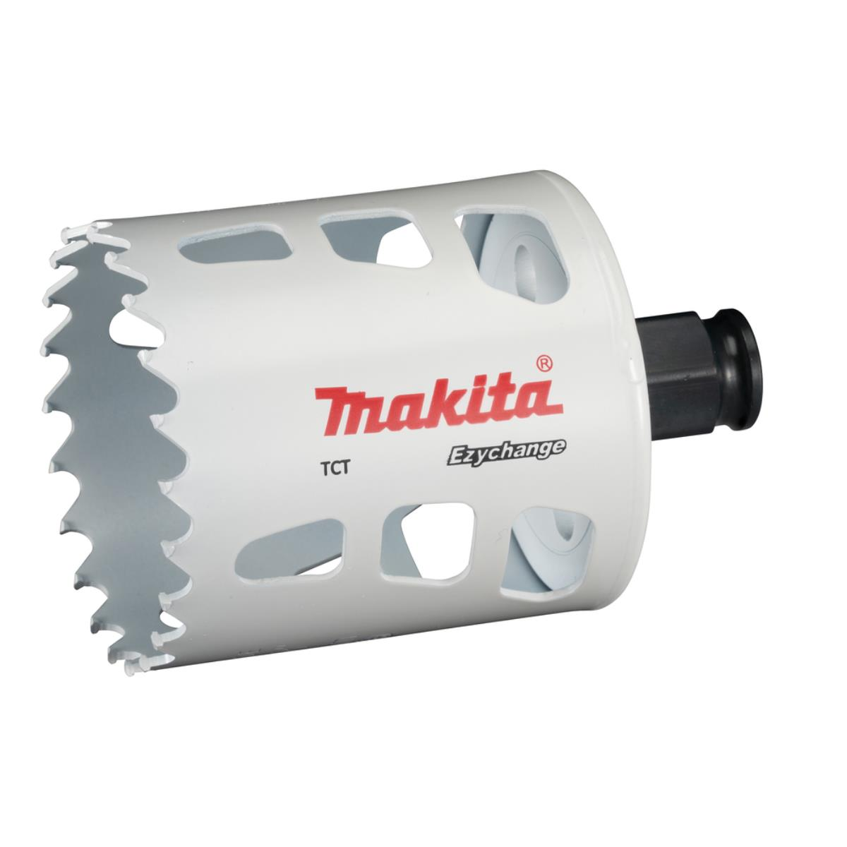 Makita Ezychange Lochsäge. Weiß und grau, mit Makita-Logo und Ezychange Schriftzug.