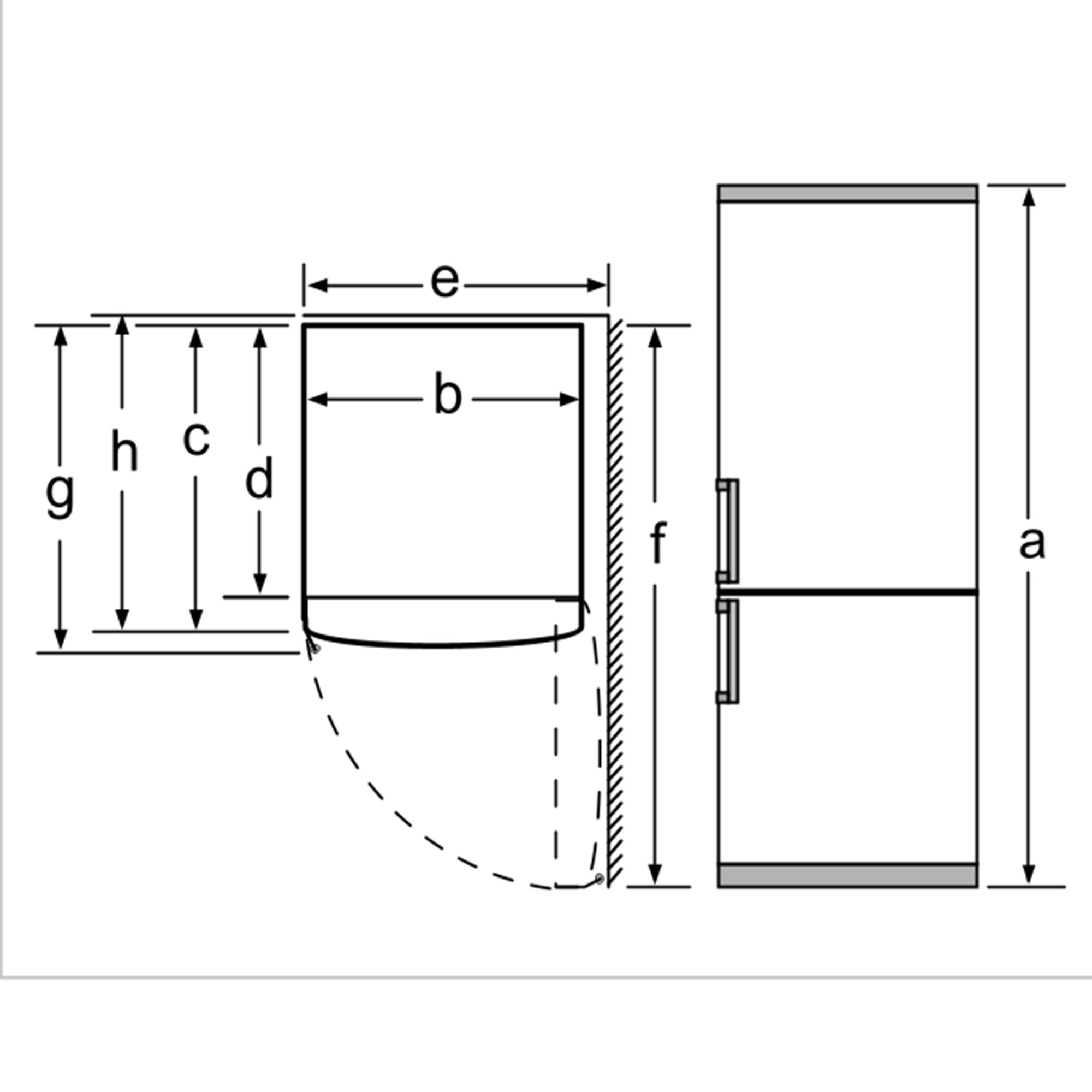 Diagramm eines Kühlschranks mit eingezeichneten Maßen.