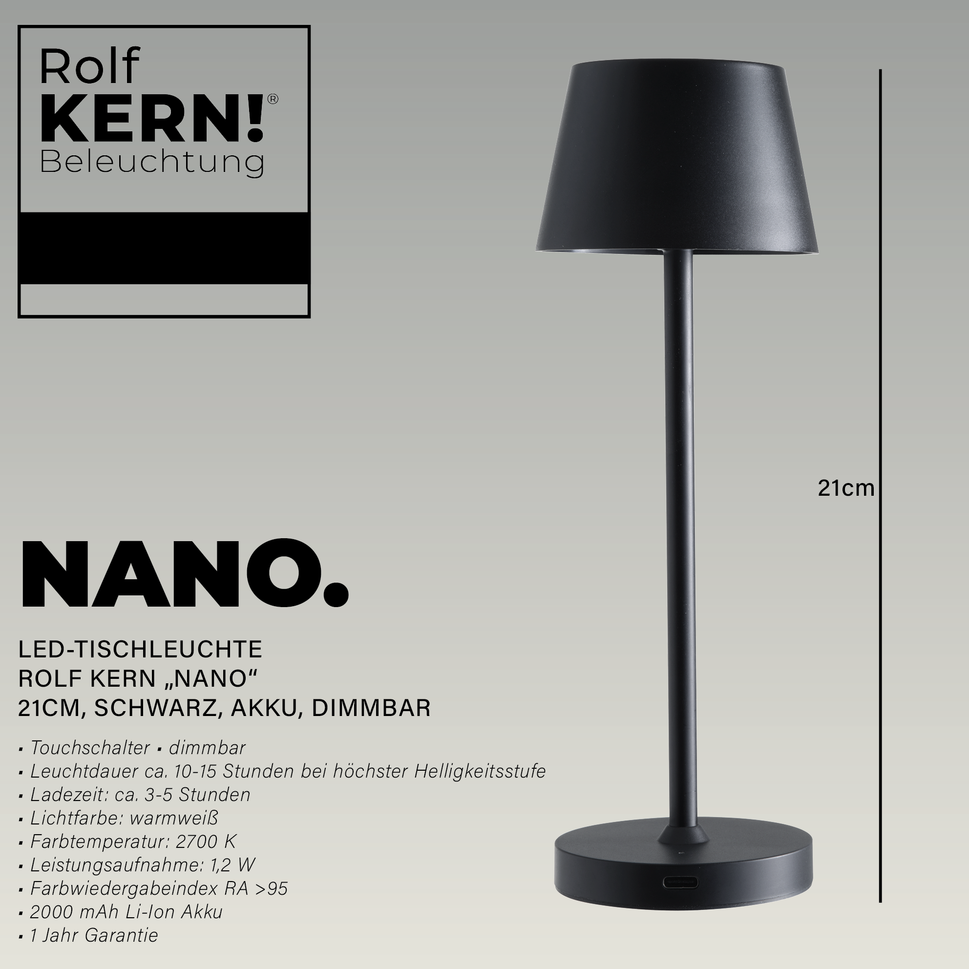 Schwarze LED-Tischlampe, schwarzer Lampenschirm und Produktinfo.