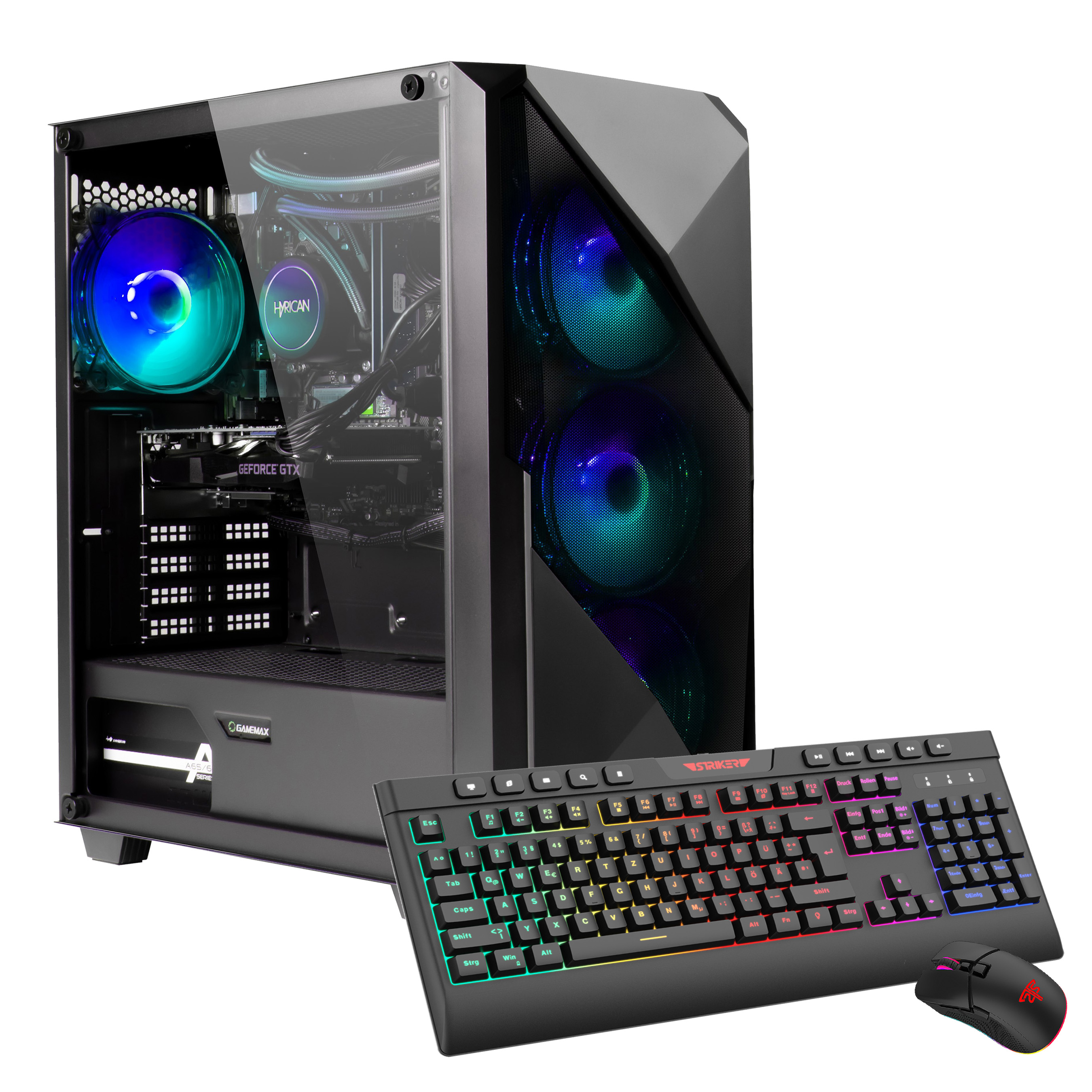 Gaming-PC-Gehäuse mit Innenbeleuchtung und einer Tastatur-Maus-Kombination, alles auf weißem Hintergrund.