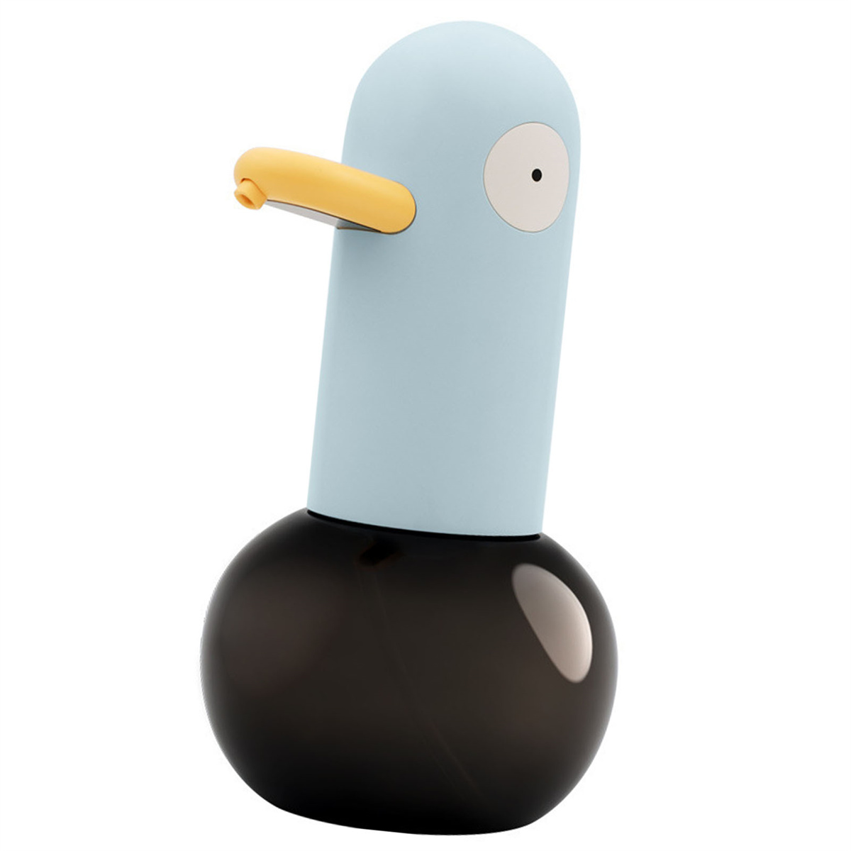 Blau-schwarzer Enten-Seifenspender, isoliert auf weißem Hintergrund.