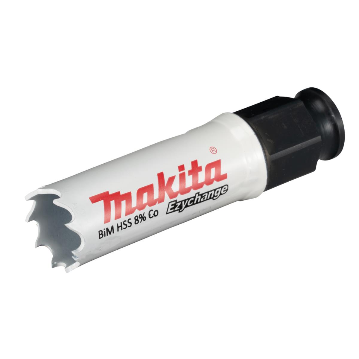 Ein Makita Lochsägewerkzeug. Es ist weiß mit roter Schrift und einem schwarzen Ende.