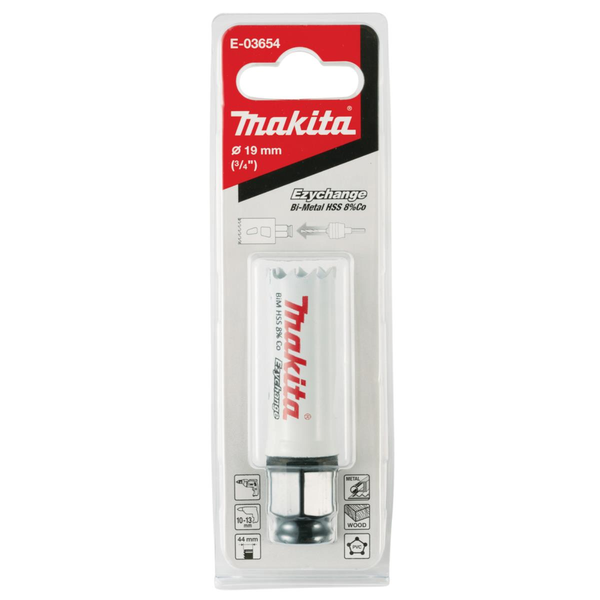 Ein Makita Lochsägensatz in einer Blisterpackung, mit Details auf der Verpackung und dem Werkzeug selbst.