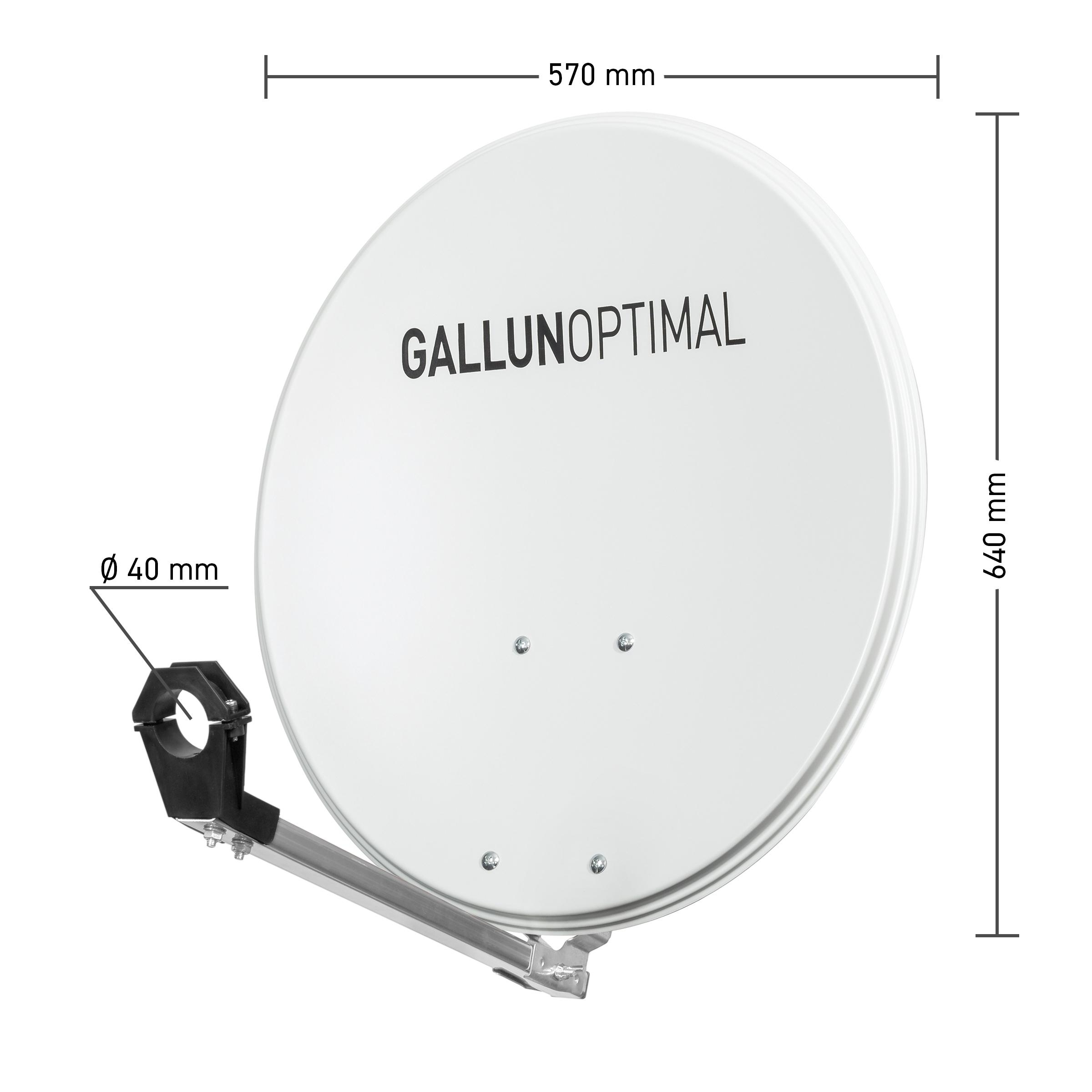 Weiße Satellitenschüssel mit dem Text GALLUNOPTIMAL und den Maßen: 570 mm x 640 mm.