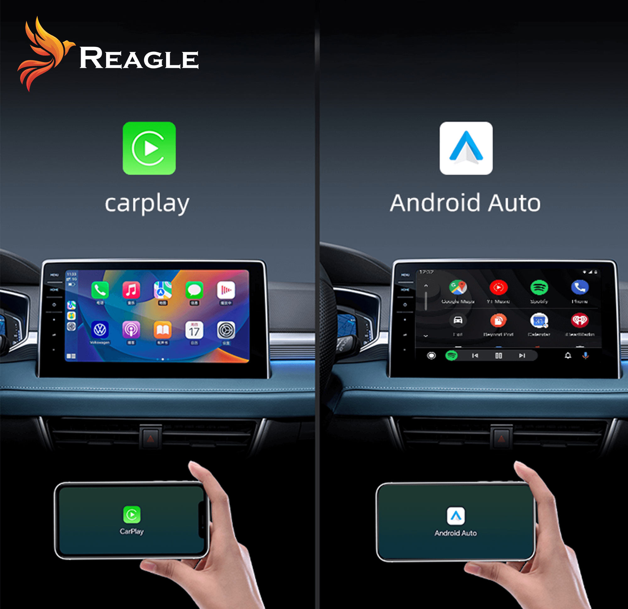 Dwa ekrany samochodowe pokazujące interfejsy CarPlay i Android Auto, każdy kontrolowany przez smartfon.