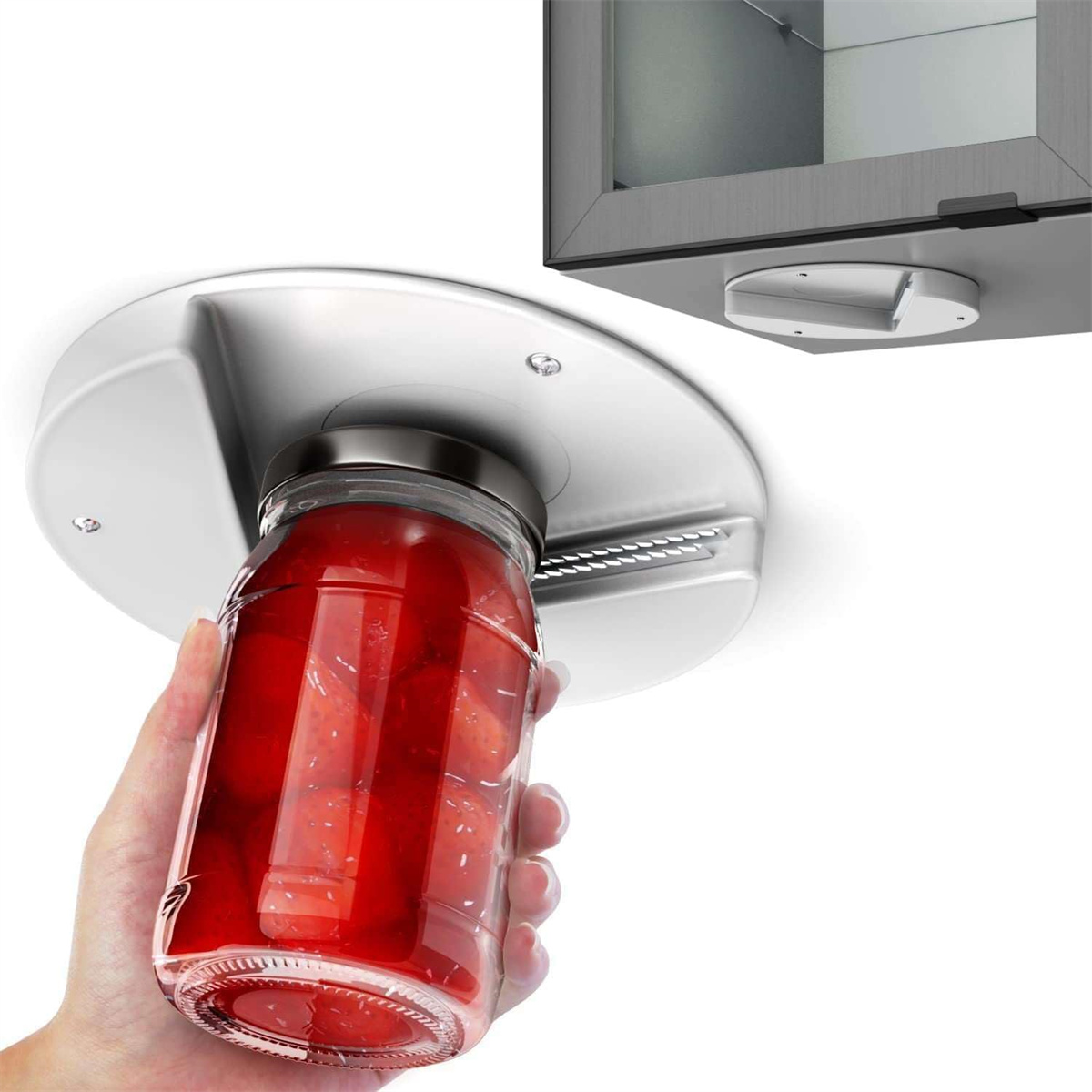 Eine Person benutzt einen Gläseröffner an einem Glas mit rotem Obst. Der Öffner ist weiß und montiert.