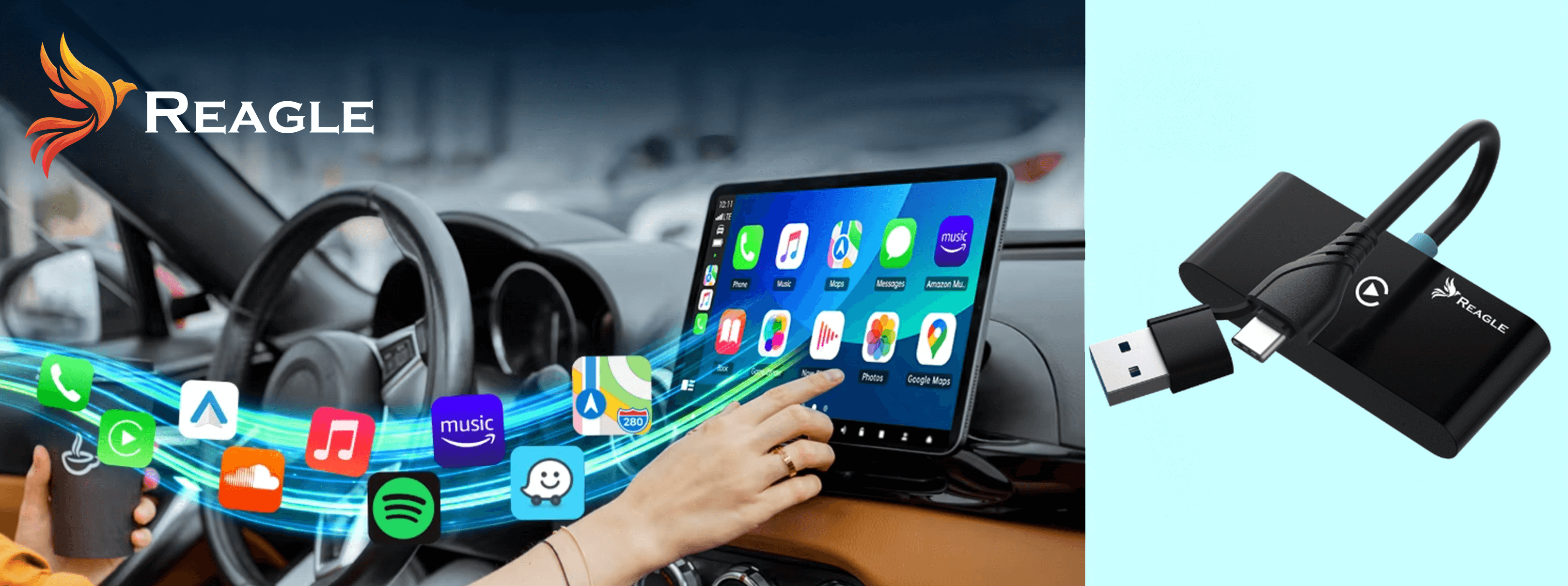 Deska rozdzielcza samochodu z tabletem wyświetlającym interfejs nawigacji i telefonem.