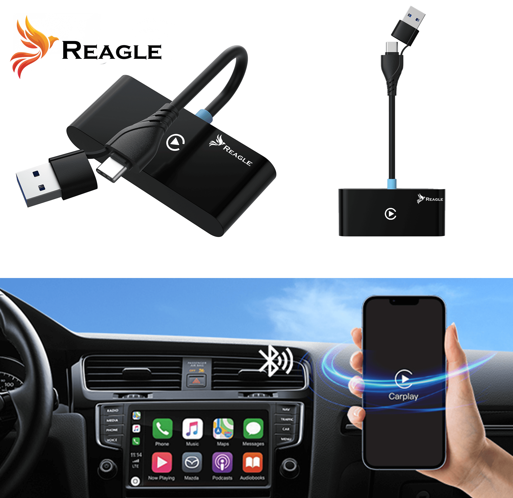 Czarne urządzenie Reagle z portami USB i kablem USB-C, obok telefonu z interfejsem CarPlay.