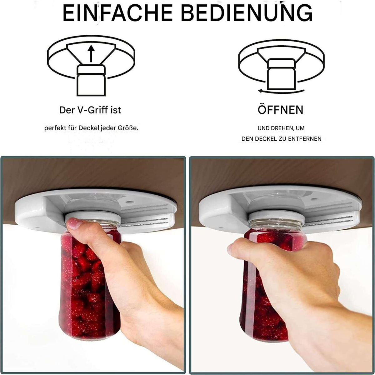 Diagramme, die einen Mechanismus zum Öffnen von Gläsern zeigen: V-Griff für Deckel und Öffnen.