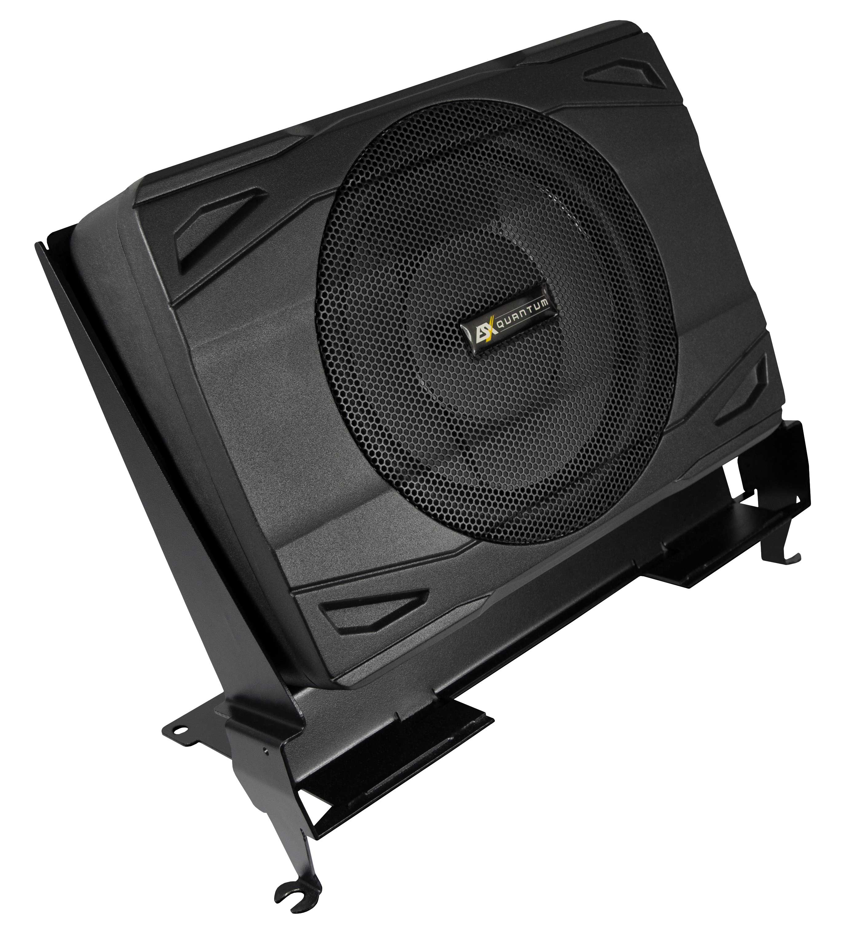 Schwarzer Subwoofer in einem schwarzen Gehäuse mit schwarzem Metallgitter. Schwarze Halterung.