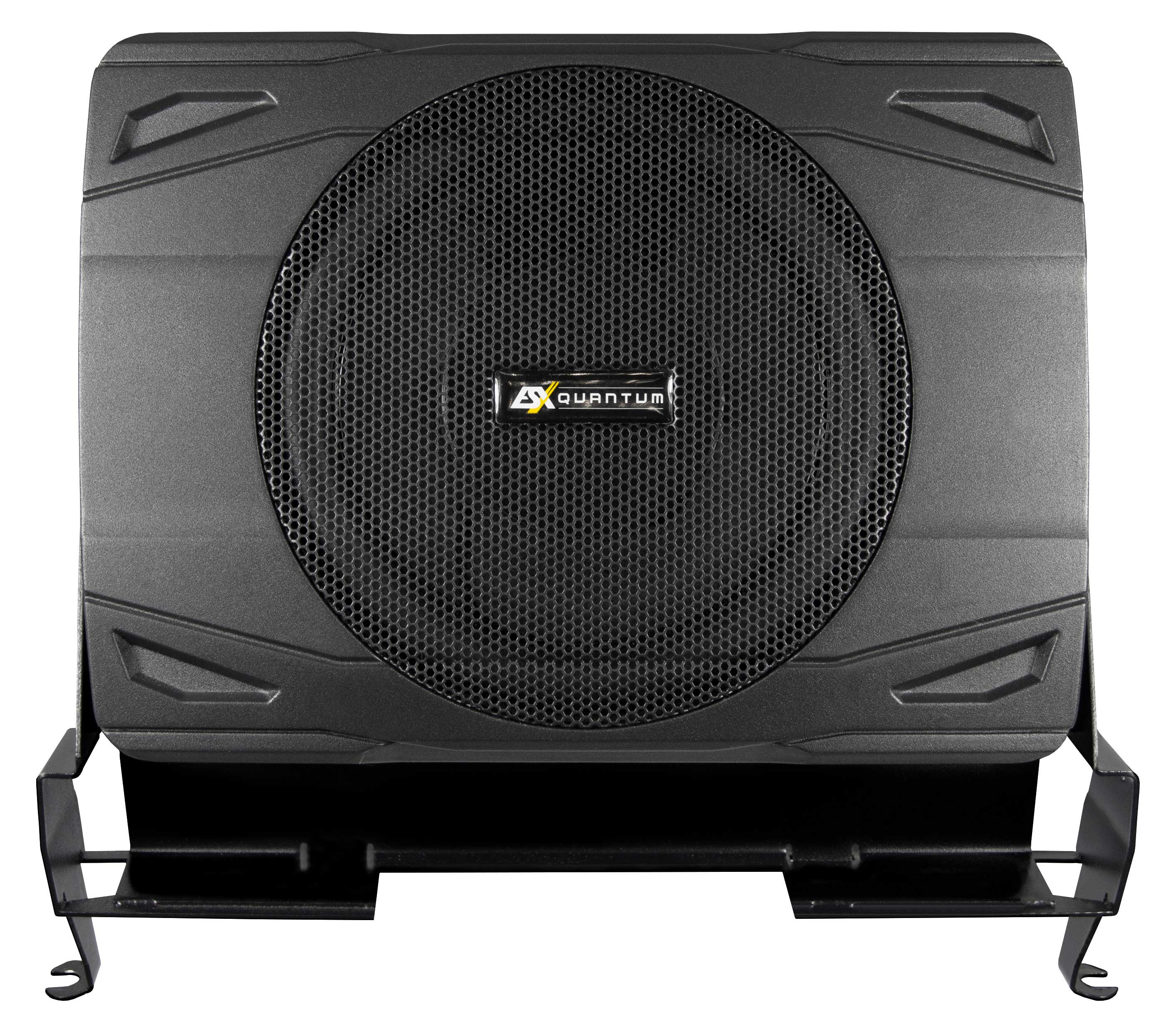 Ein schwarzer Subwoofer-Lautsprecher mit einem Gitter an der Vorderseite, montiert an einer schwarzen Halterung.