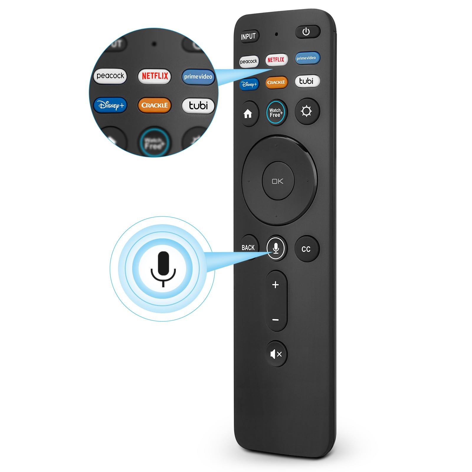 Eine schwarze Fernbedienung mit mehreren Tasten. Sie hat eine Mikrofontaste und Streaming-App-Tasten.