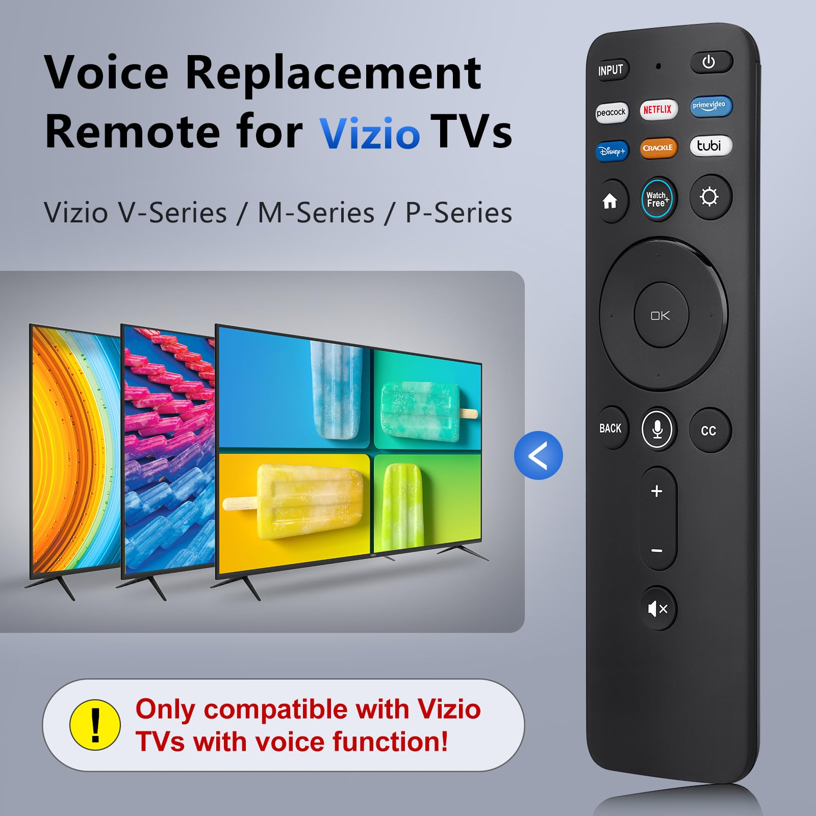 Schwarze Vizio TV-Fernbedienung mit mehreren Tasten. TV-Bildschirme im Hintergrund.