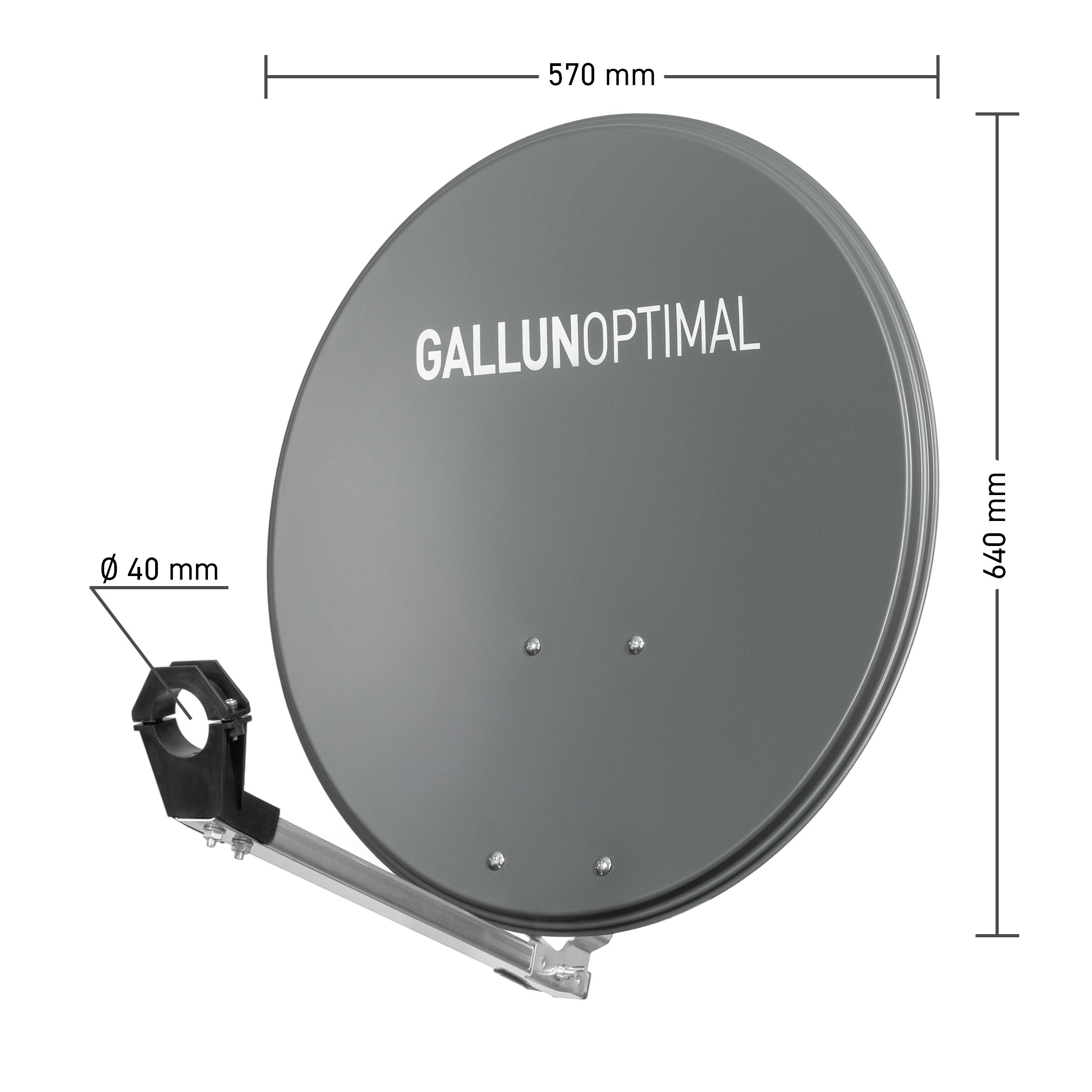 Graue Satellitenschüssel mit Maßangaben. Sie trägt den Markennamen GALLUNOPTIMAL.