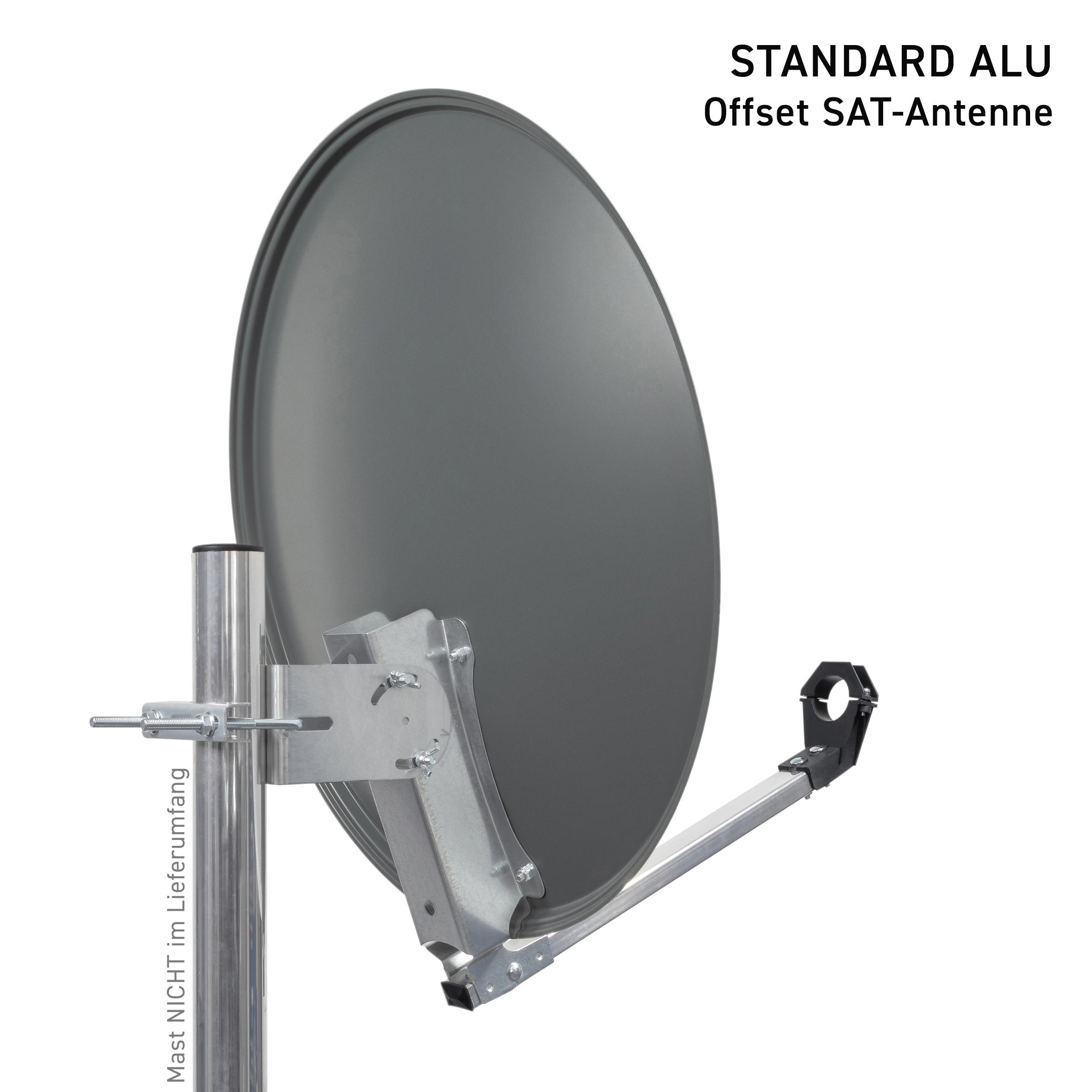 Graue Satellitenschüssel an einem Mast. Silberner Mast und Tragarm. Weißer Hintergrund.