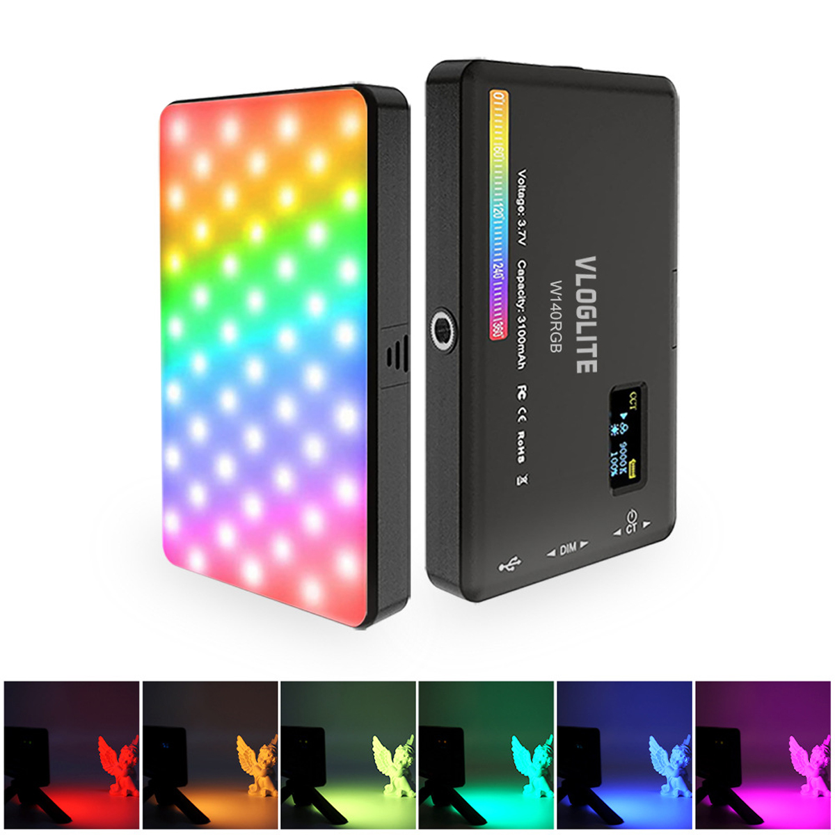 Rechteckiges LED-Lichtpanel. Regenbogenfarben auf der Vorderseite, schwarze Rückseite mit Bedienelementen. Weitere Bilder unten.