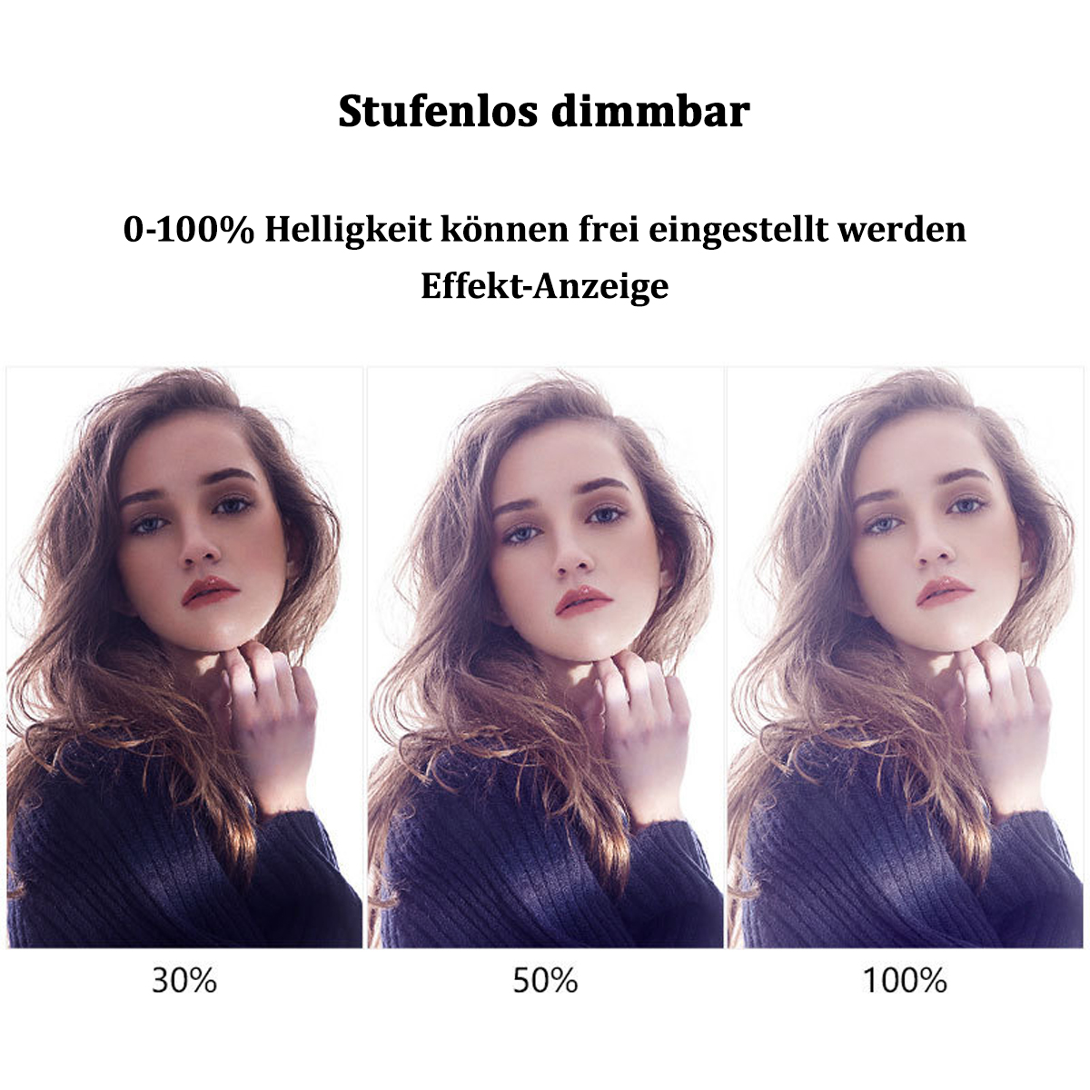 Drei Bilder eines Frauen-Gesichts mit Lichteffekten. Text am unteren Rand zeigt 30 %, 50 % und 100 %.