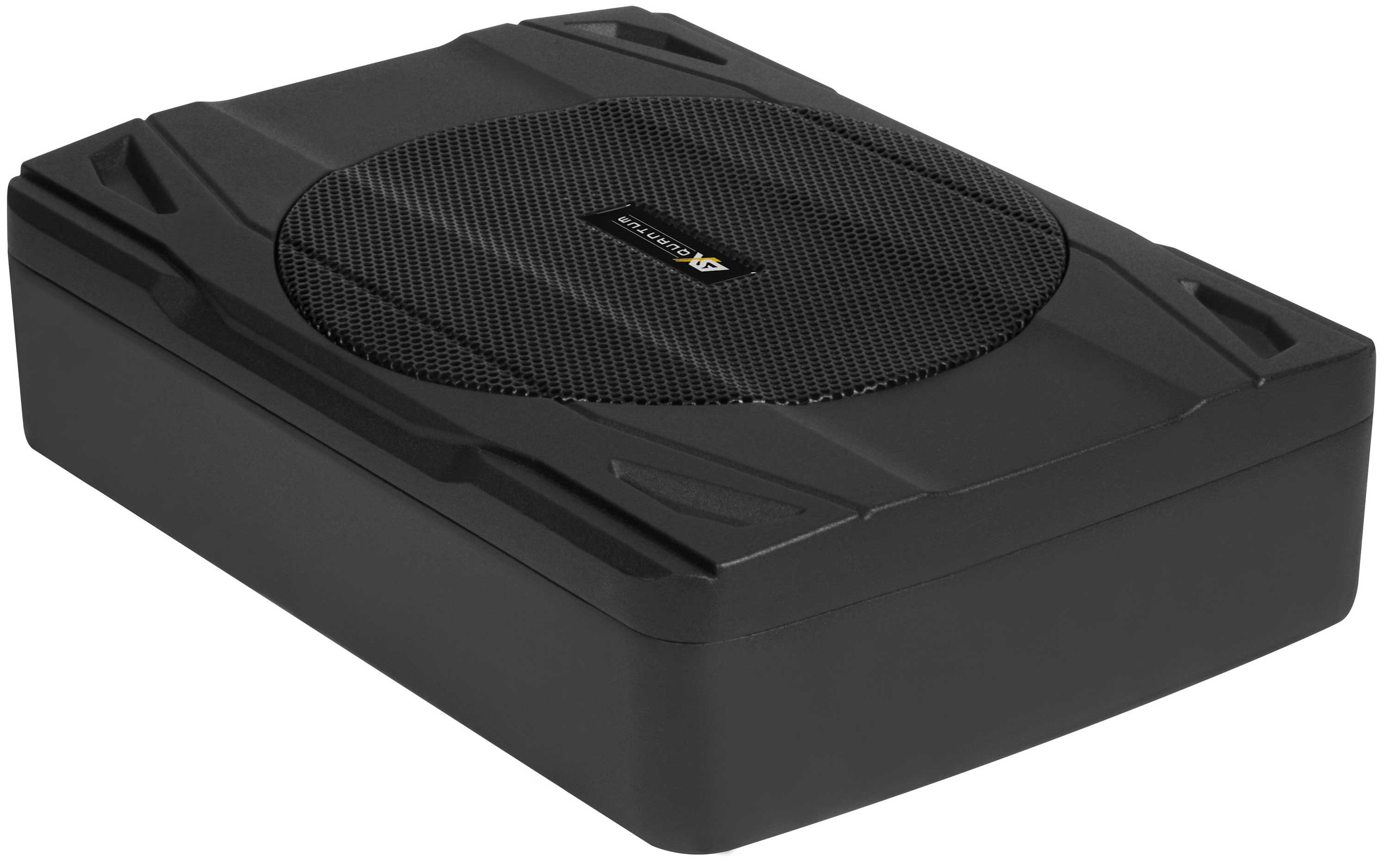 Schwarzer Subwoofer mit Mesh-Lautsprecherabdeckung, rechteckig. Die Oberseite ist Mesh, der Körper ist schwarz.
