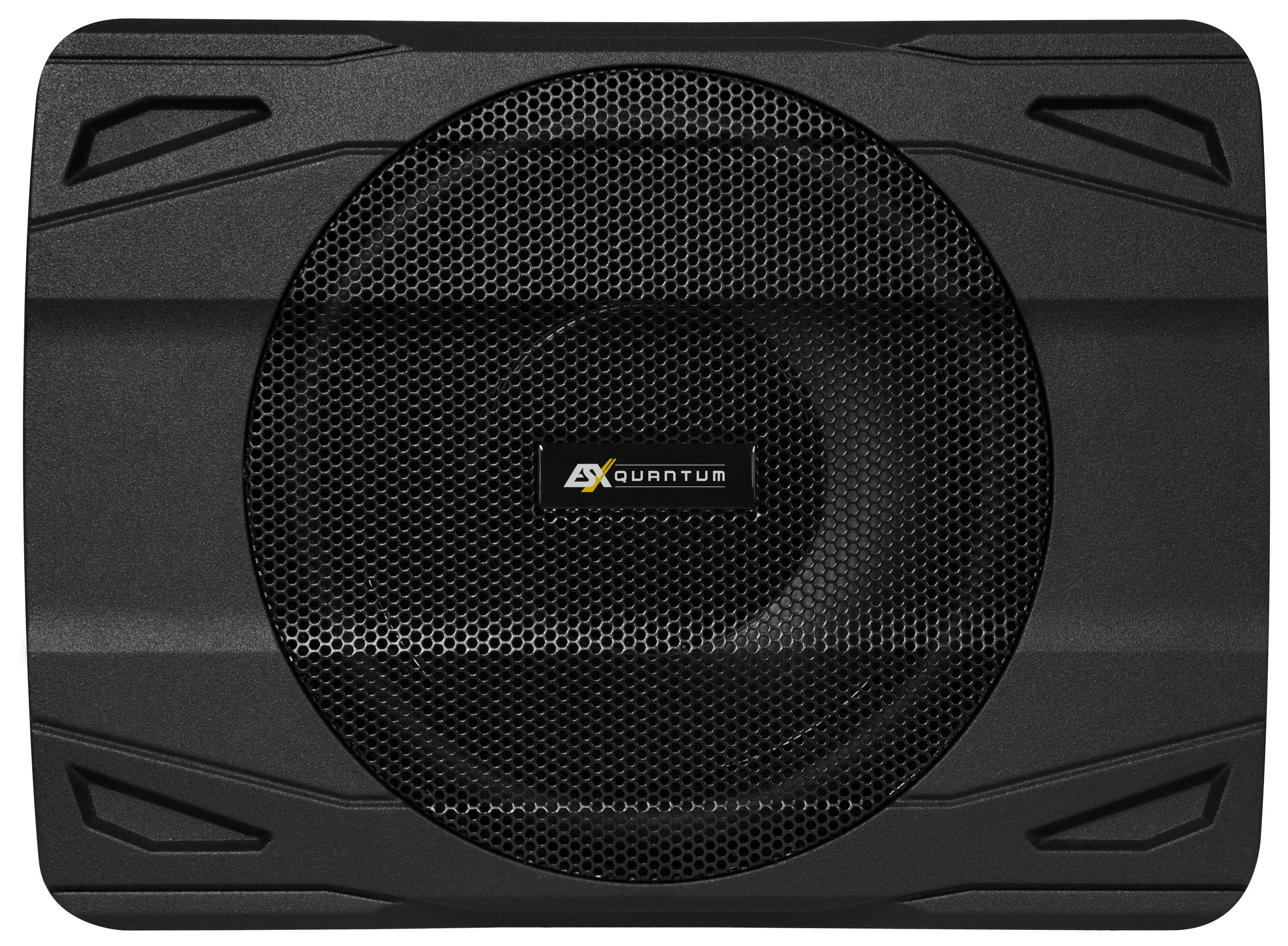 Schwarzer Subwoofer mit Gitterfront auf weißem Hintergrund.