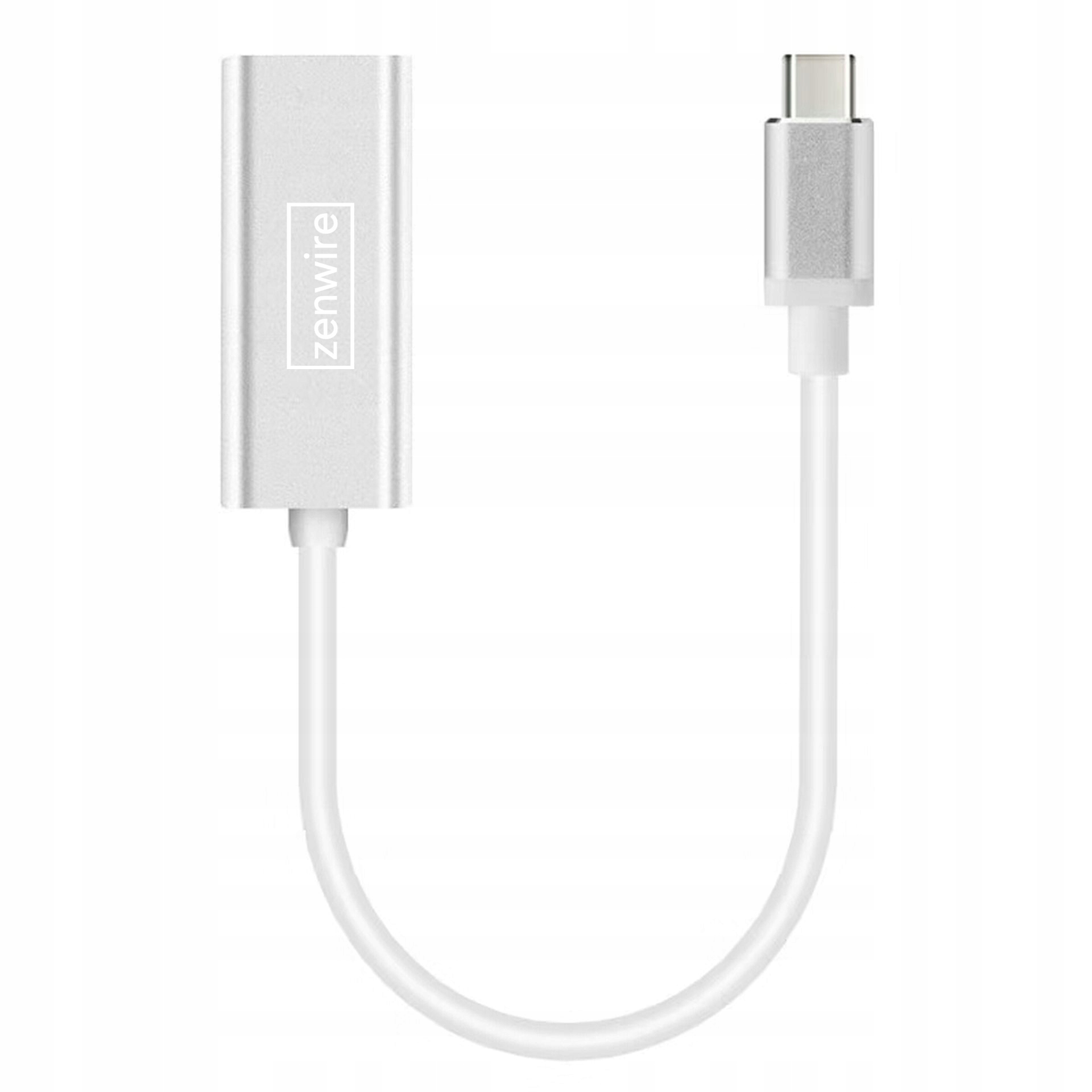 Srebrny adapter USB-C do USB. Adapter ma srebrną obudowę i biały kabel.