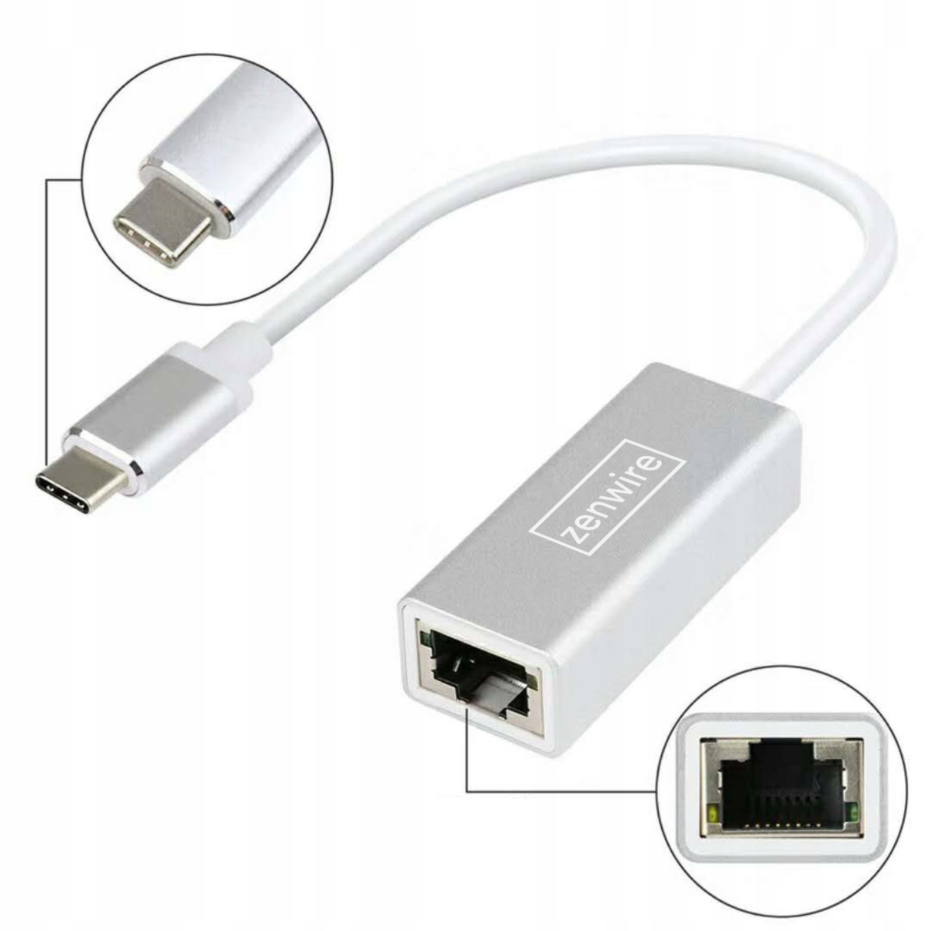 Srebrny adapter USB-C do Ethernet. Adapter ma złącze USB-C i port Ethernet.