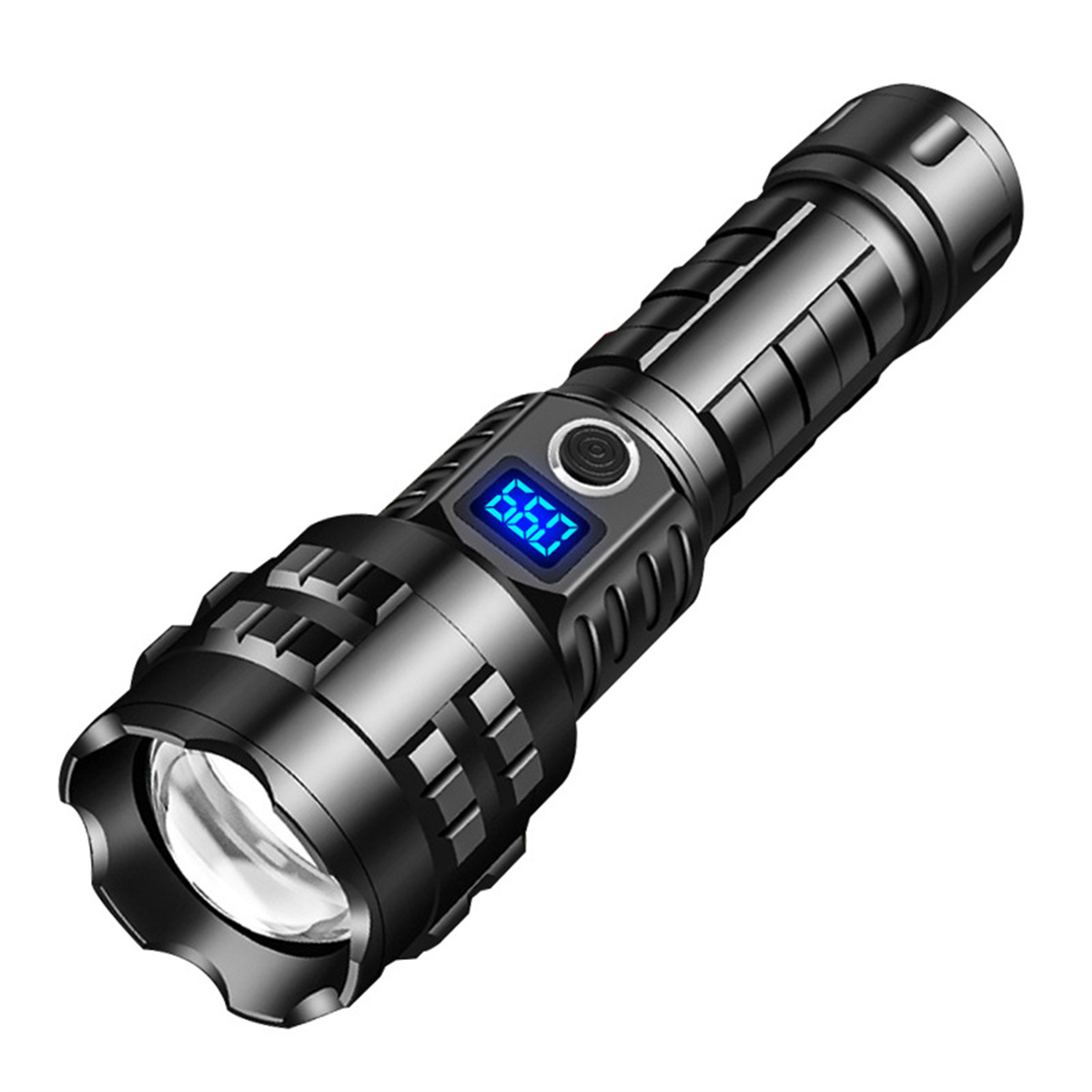 Schwarze Taschenlampe. Es hat eine Digitalanzeige mit Zahlen. Es ist auf weißem Grund.