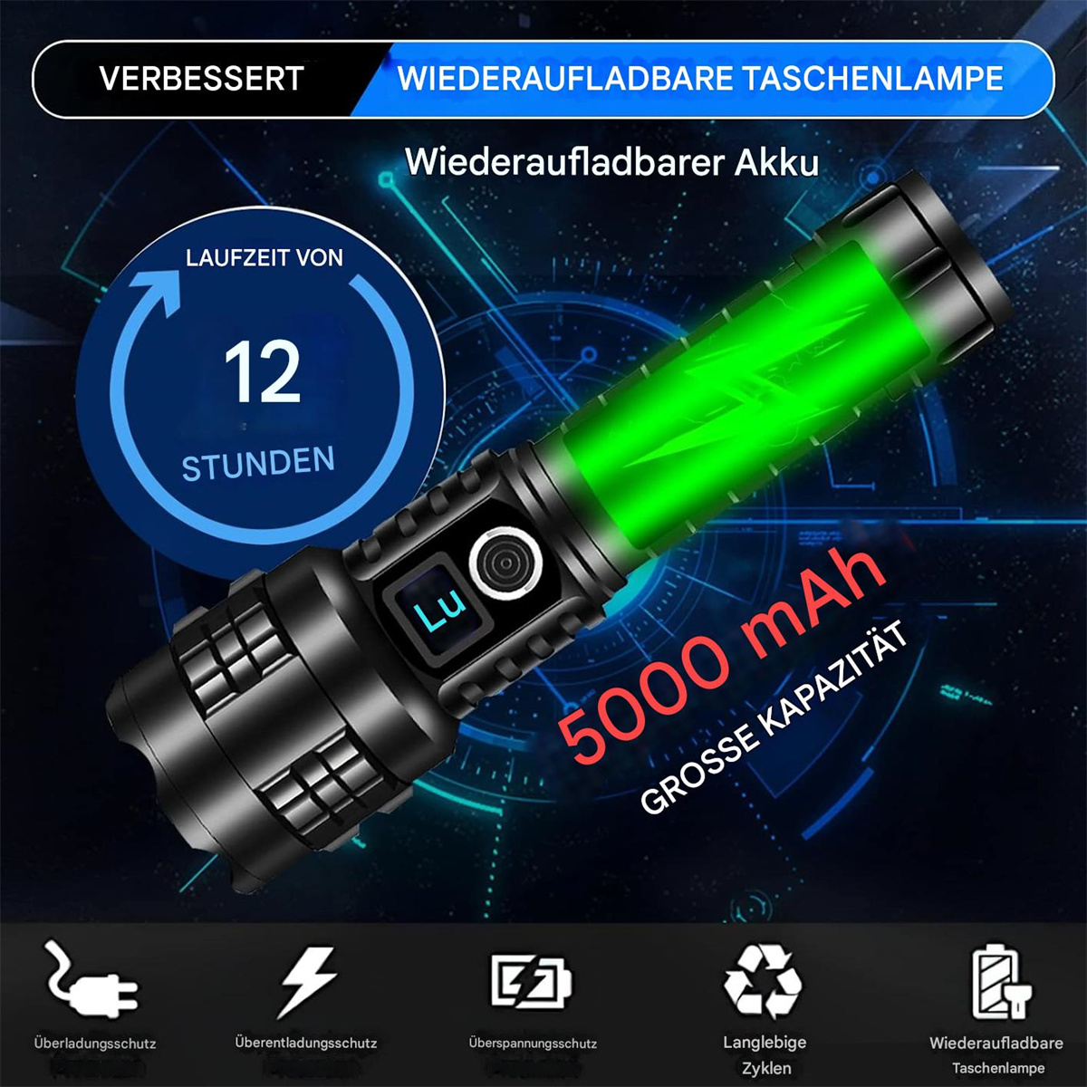 Schwarze Taschenlampe mit grünem Licht, Text und Symbolen. Dunkler Hintergrund.
