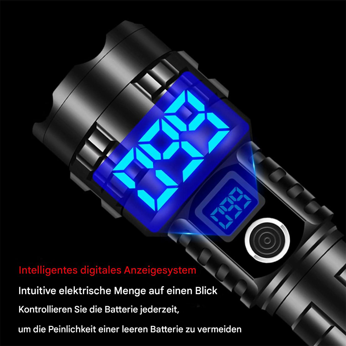 Schwarze Taschenlampe mit blauem Digitaldisplay mit Zahlen und weißem Lichtkreis.