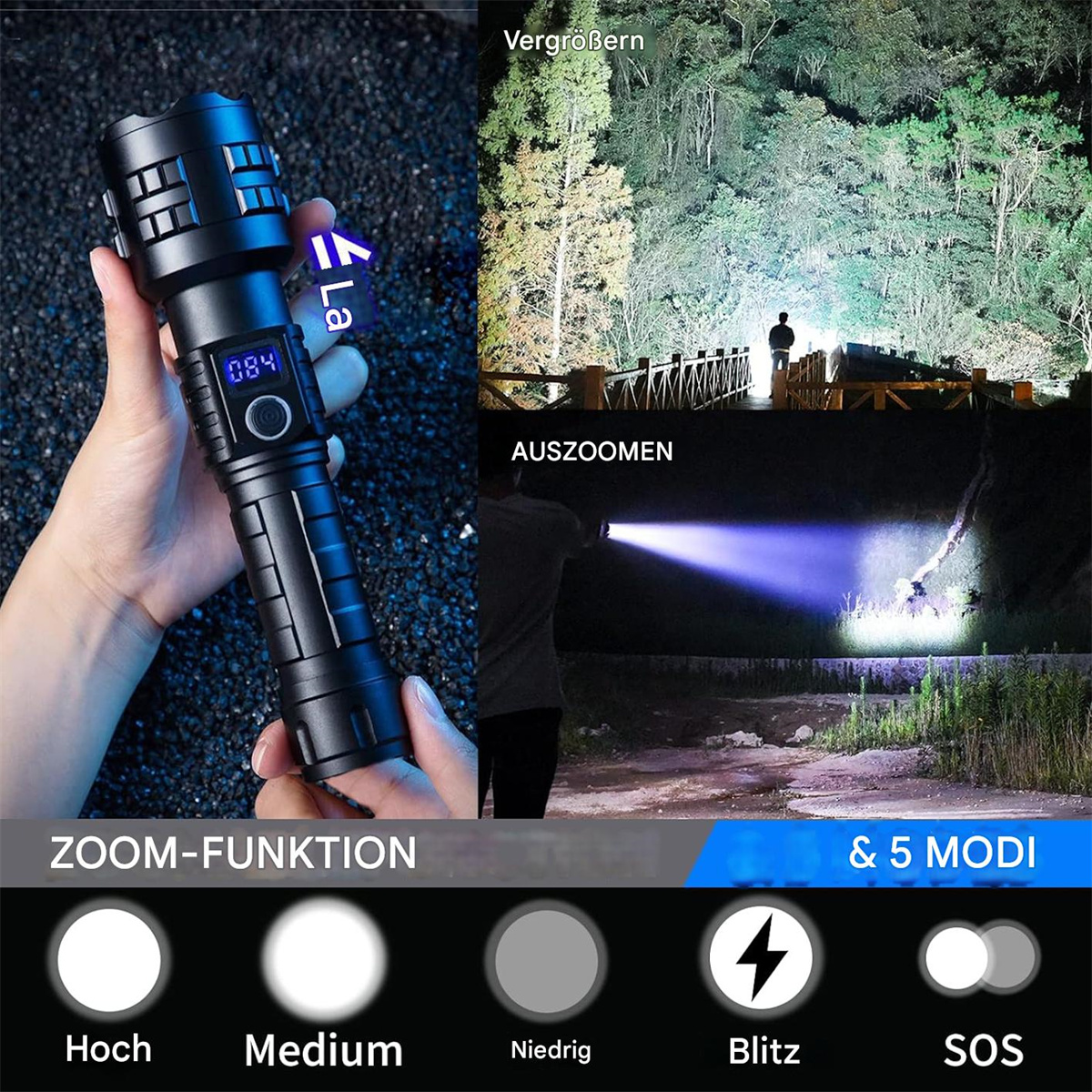 Schwarze Taschenlampe in der Hand, verschiedene Lichtmodi gezeigt. Weißer Hintergrund.