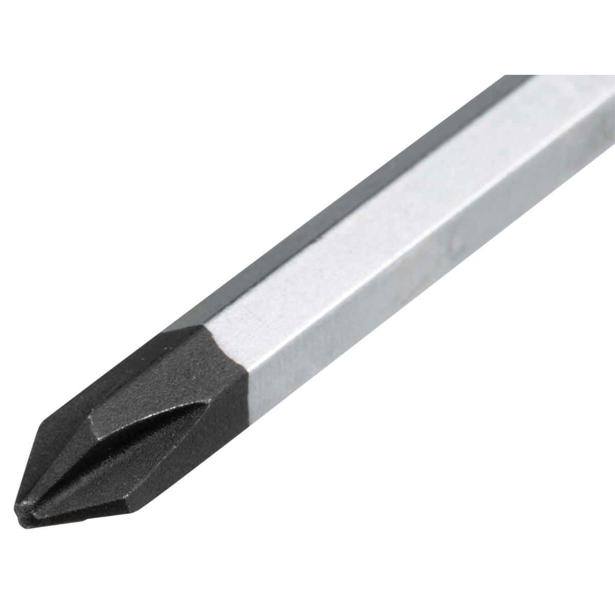 Nahaufnahme eines Schraubendreherbits, schwarz und silber, mit Plusform.
