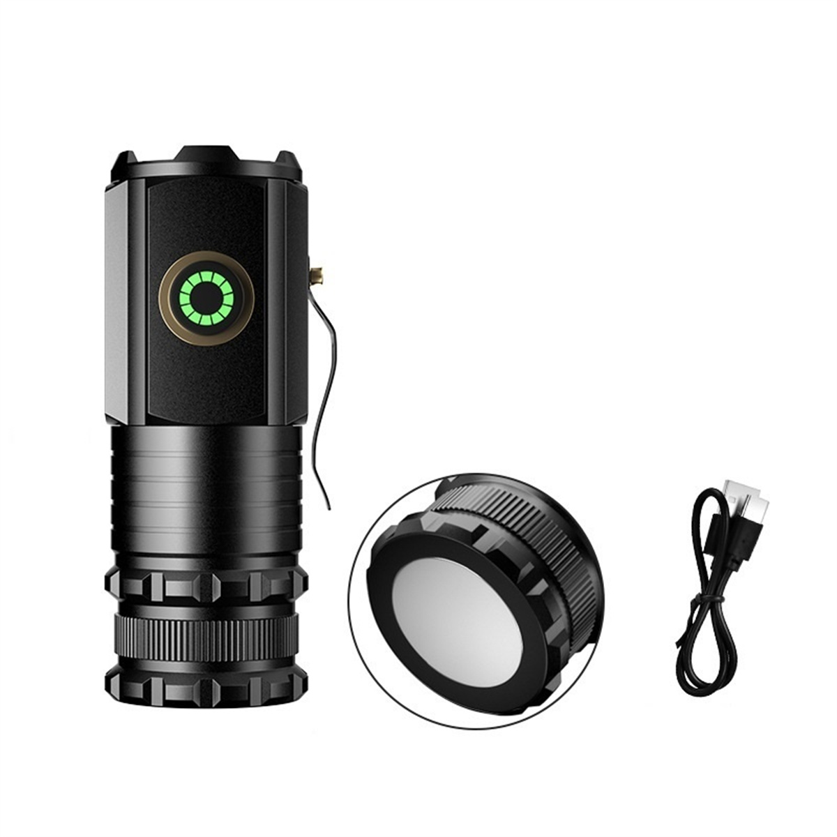 Schwarze Taschenlampe mit Ladeanschluss, separatem Ladekopf und Kabel.
