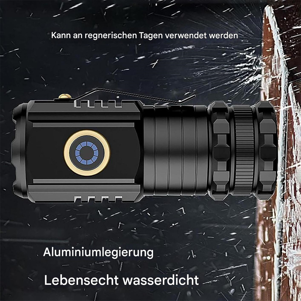 Eine schwarze Taschenlampe mit goldenem Ring, mit Wassertropfen. Der Text lautet 'Aluminiumlegierung'.