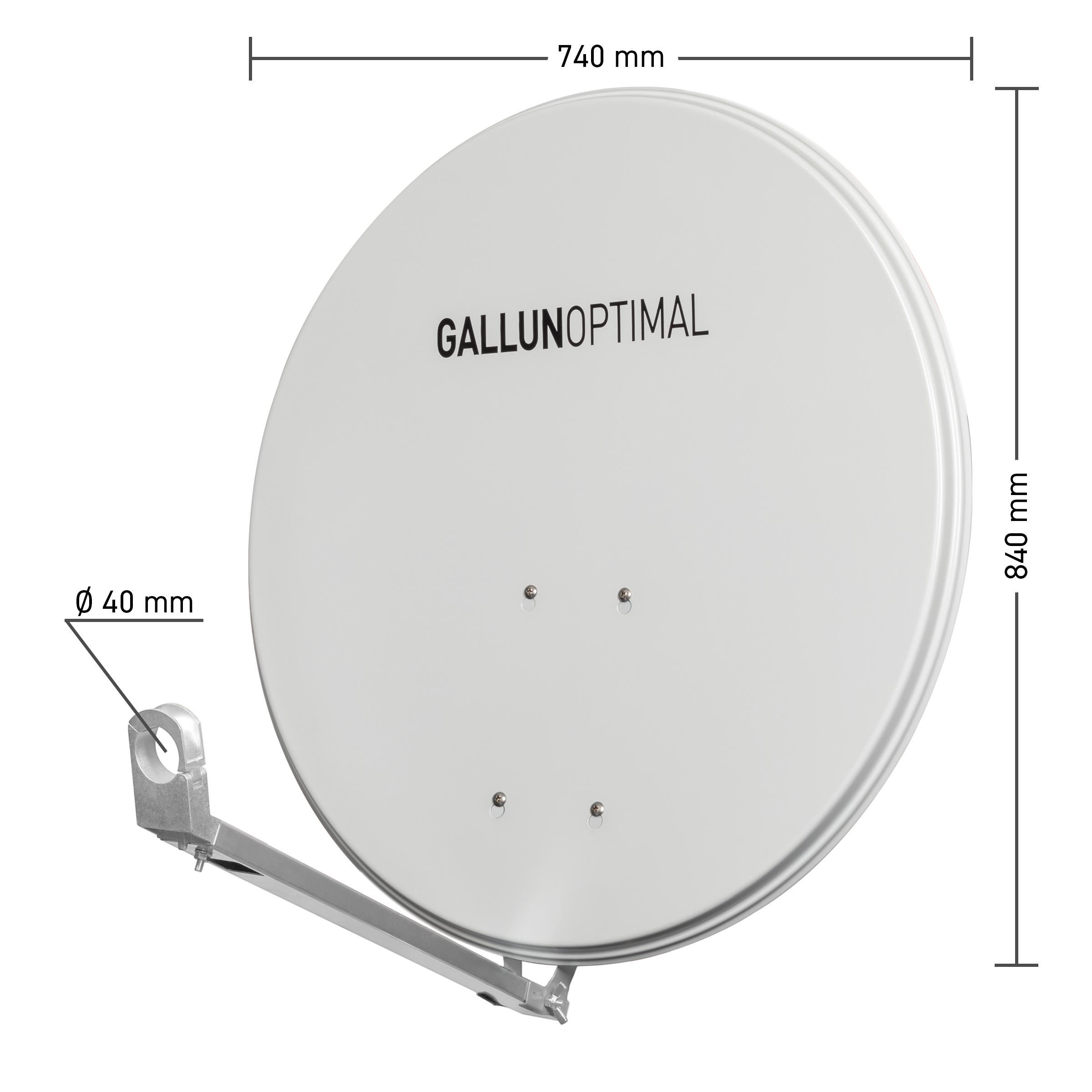 Weiße Satellitenschüssel mit dem Text GALLUNOPTIMAL. Die Schüssel ist an einem Metallarm montiert.
