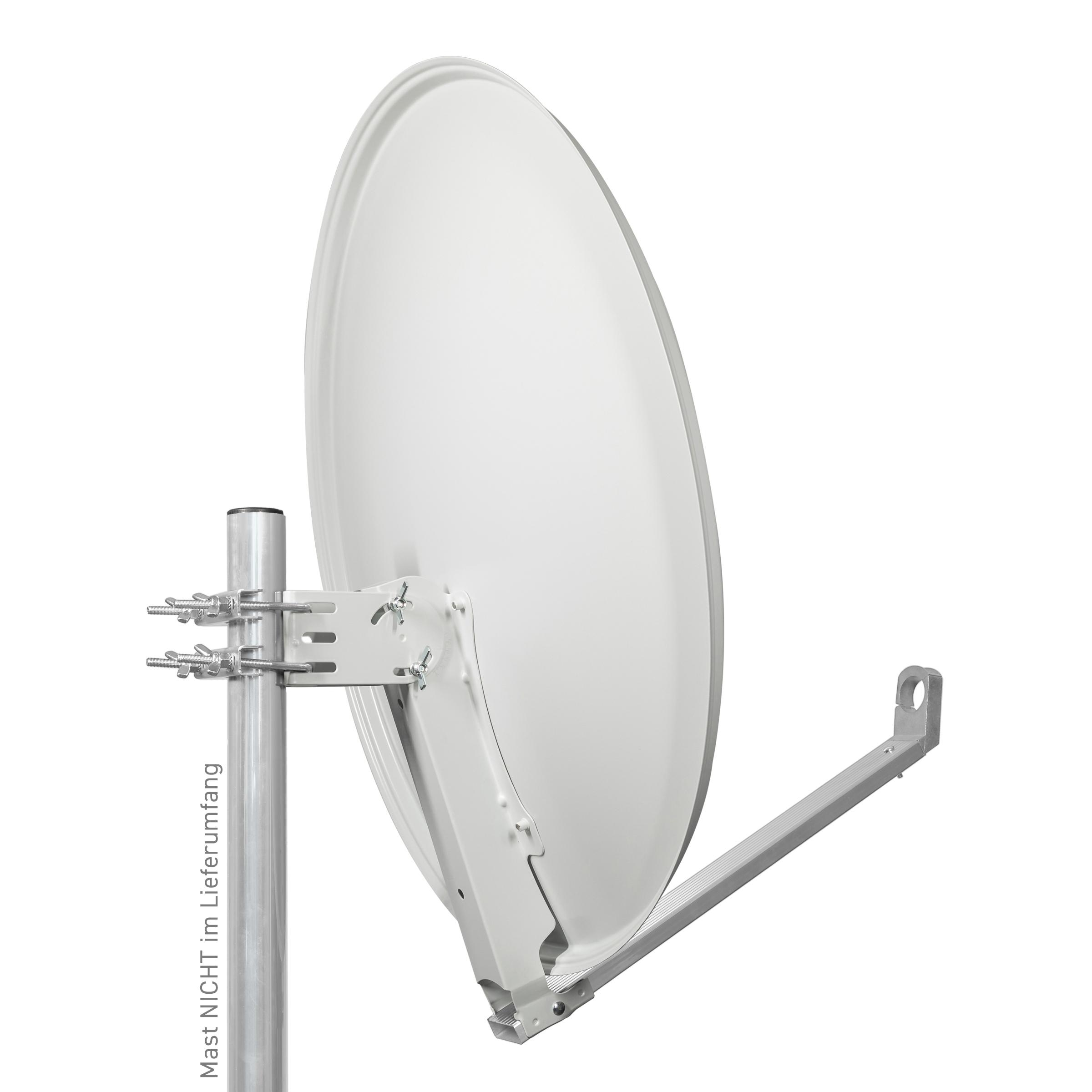 Weiße Satellitenschüssel an einer Stange mit Halterung befestigt. Die Schüssel ist nach links geneigt. Weißer Hintergrund.