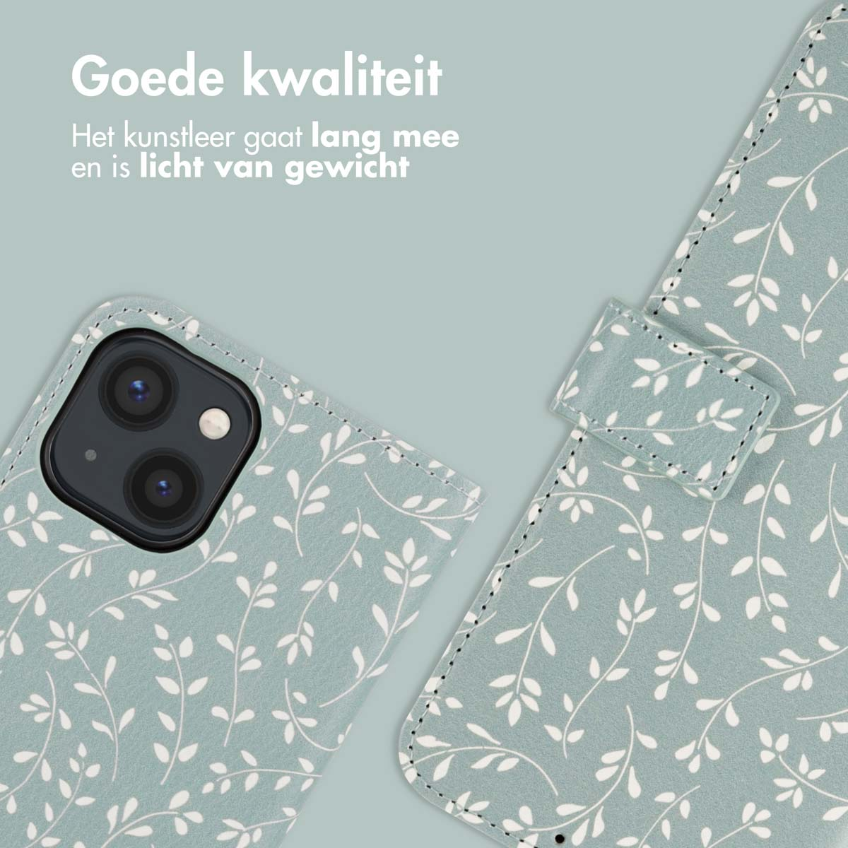Een telefoonhoesje met een bloemenpatroon op een mintgroene achtergrond. Het is open en toont de binnenkant.