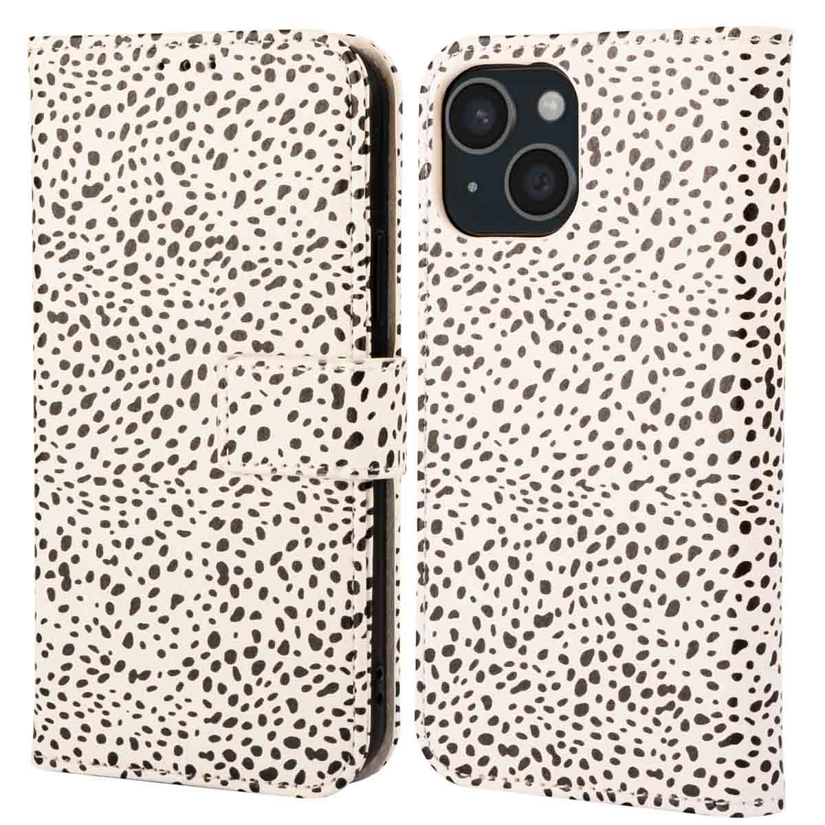 Een smartphonehoesje met een open en gesloten weergave. Het is bewerkt met zwarte stippen op een witte achtergrond.