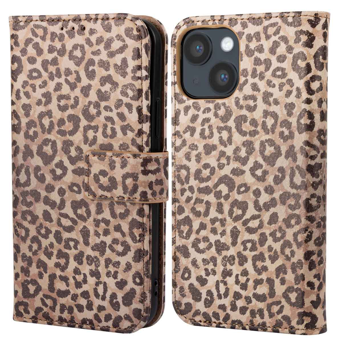 Een telefoonhoesje met luipaardprint, open om de telefoon te tonen. De hoes heeft een magneetsluiting.