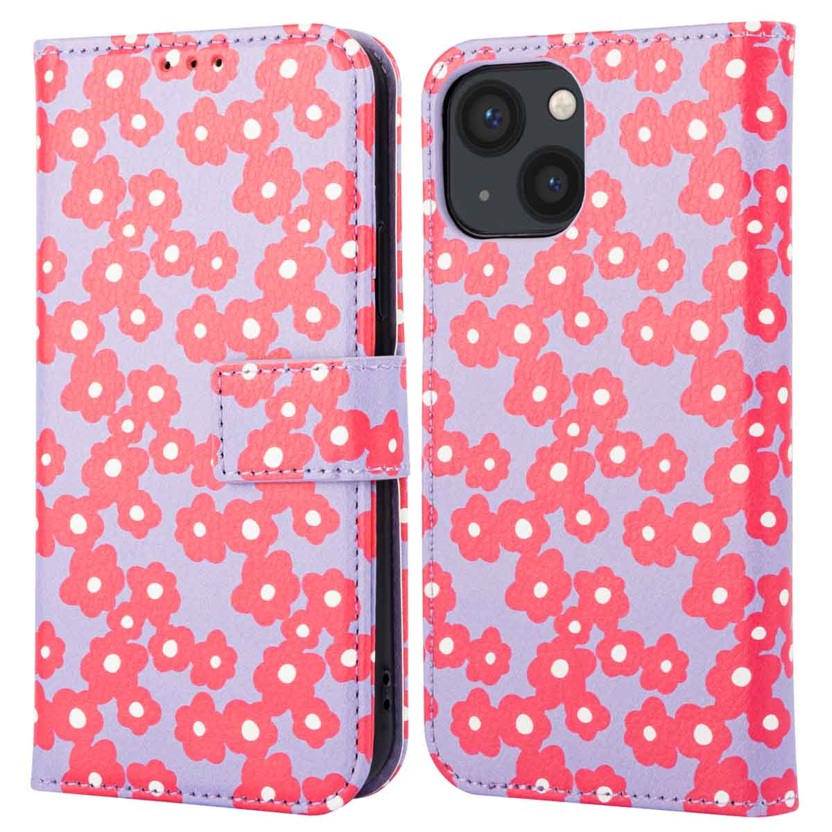 Paarse telefoonhoes met bloemmotief, open en dicht.