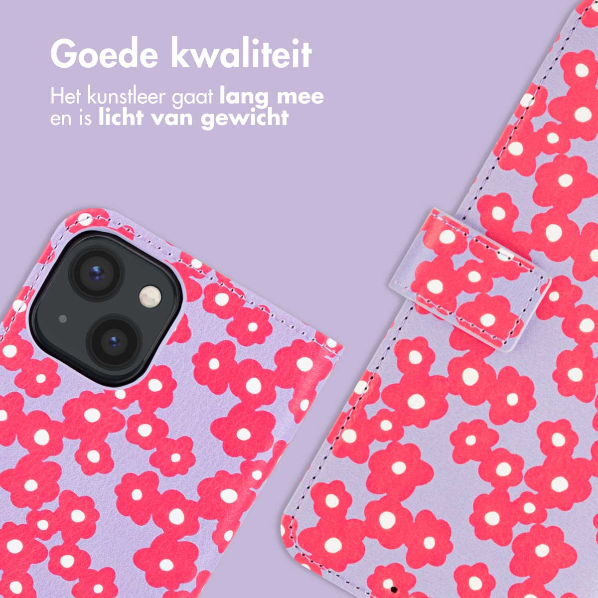 Telefoonhoesje met bloemenpatroon, open en dicht, op een paarse ondergrond.