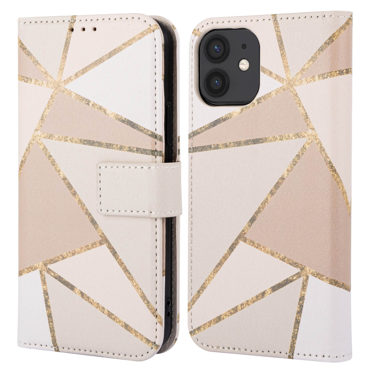 Custodia geometrica rosa e beige per telefono con chiusura e telefono con fotocamere.