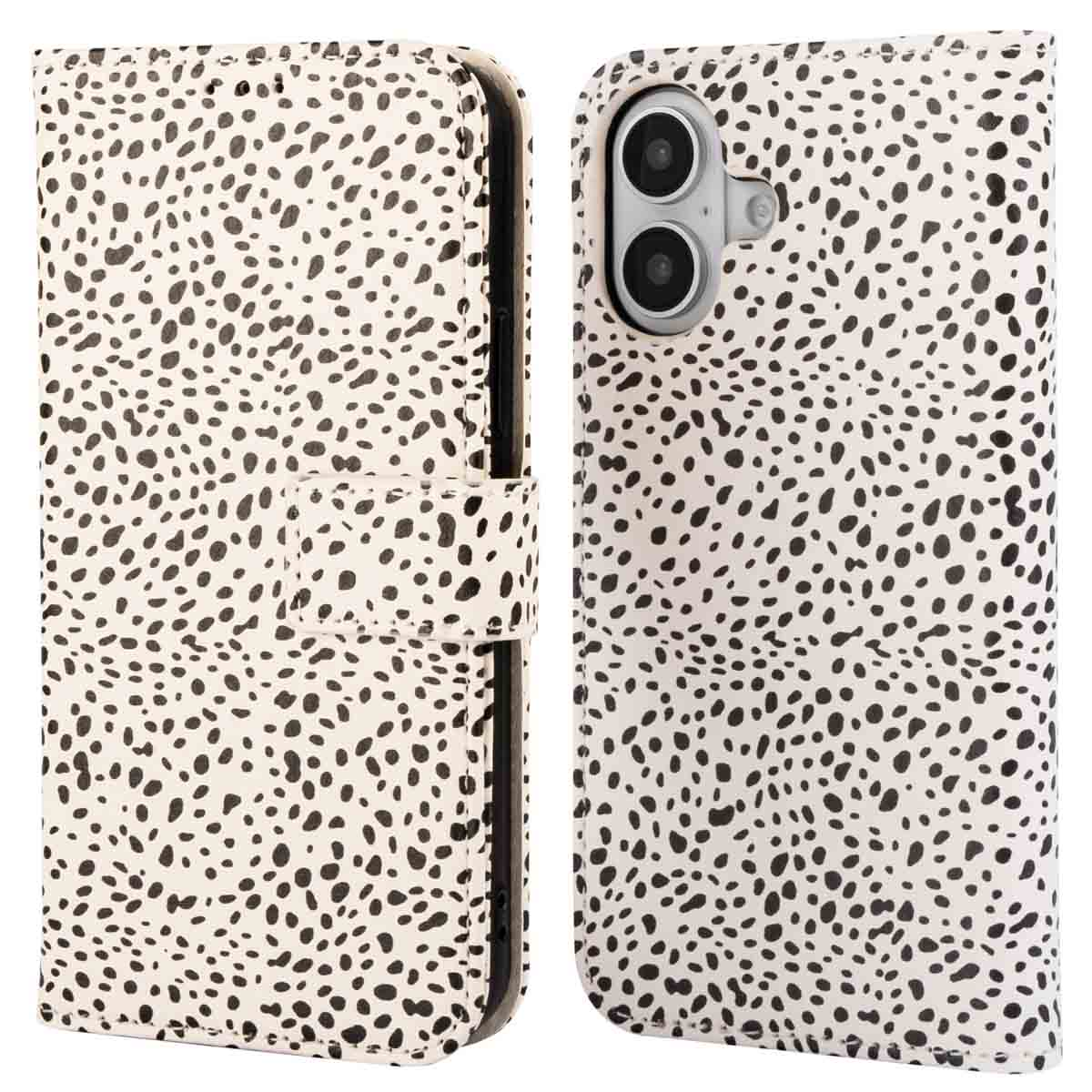 Coque de téléphone avec un motif tacheté. L'étui est ouvert, montrant l'intérieur et l'appareil photo du téléphone.