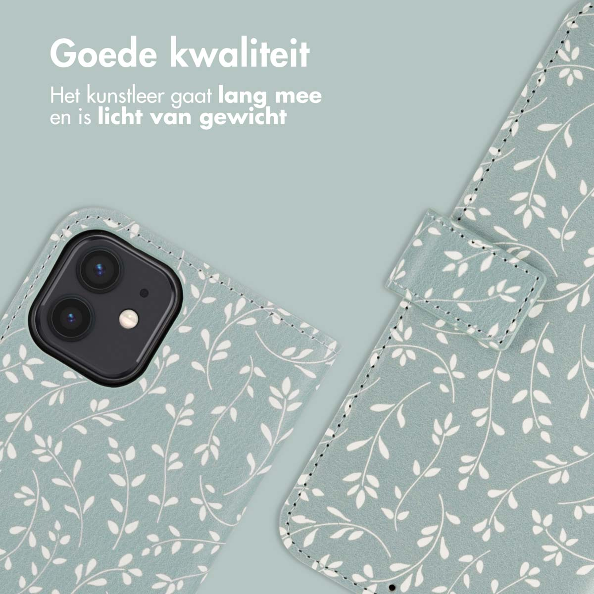 Een telefoonhoesje met een bloemenpatroon. De hoes is lichtgroen en heeft een magnetische sluiting.