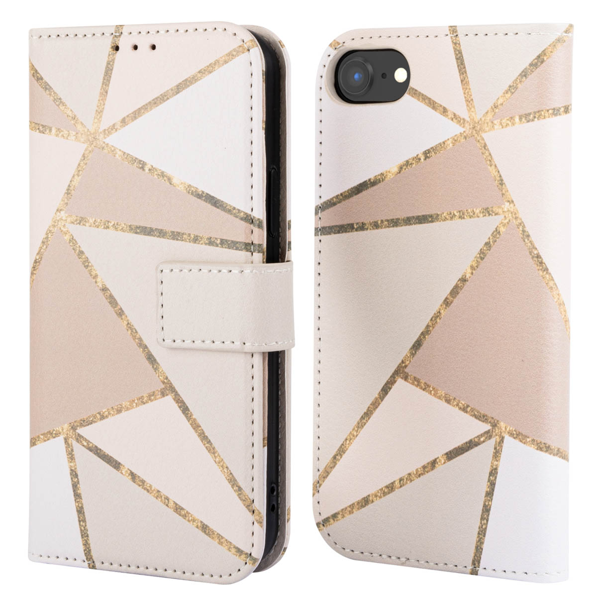 Telefoonhoesje met een geometrisch ontwerp in beige en goud.