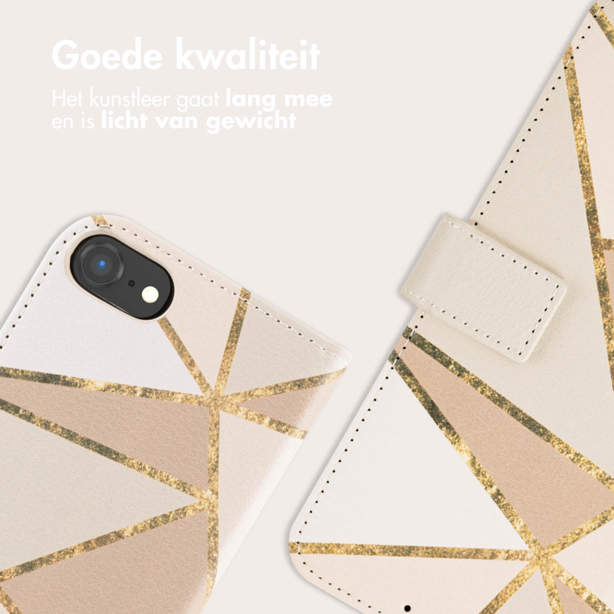 Close-up van een telefoonhoesje met geometrisch ontwerp en een magnetische sluiting.