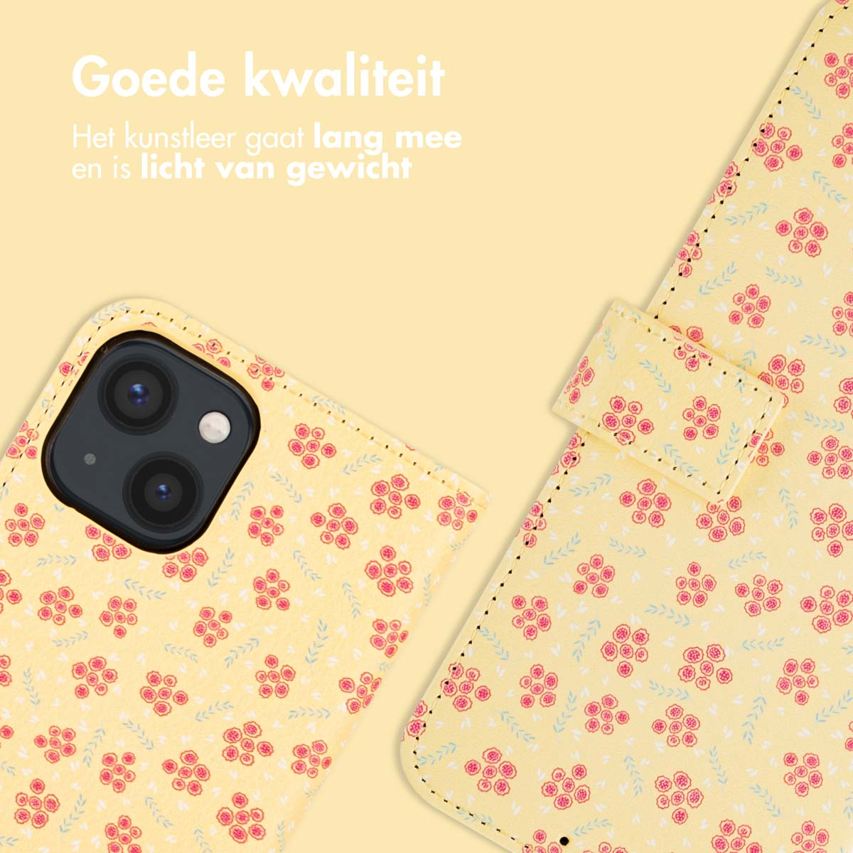 Gele bloemen telefoonhoes. Hij is open. De hoes heeft roze bloemen en staat op een gele achtergrond.